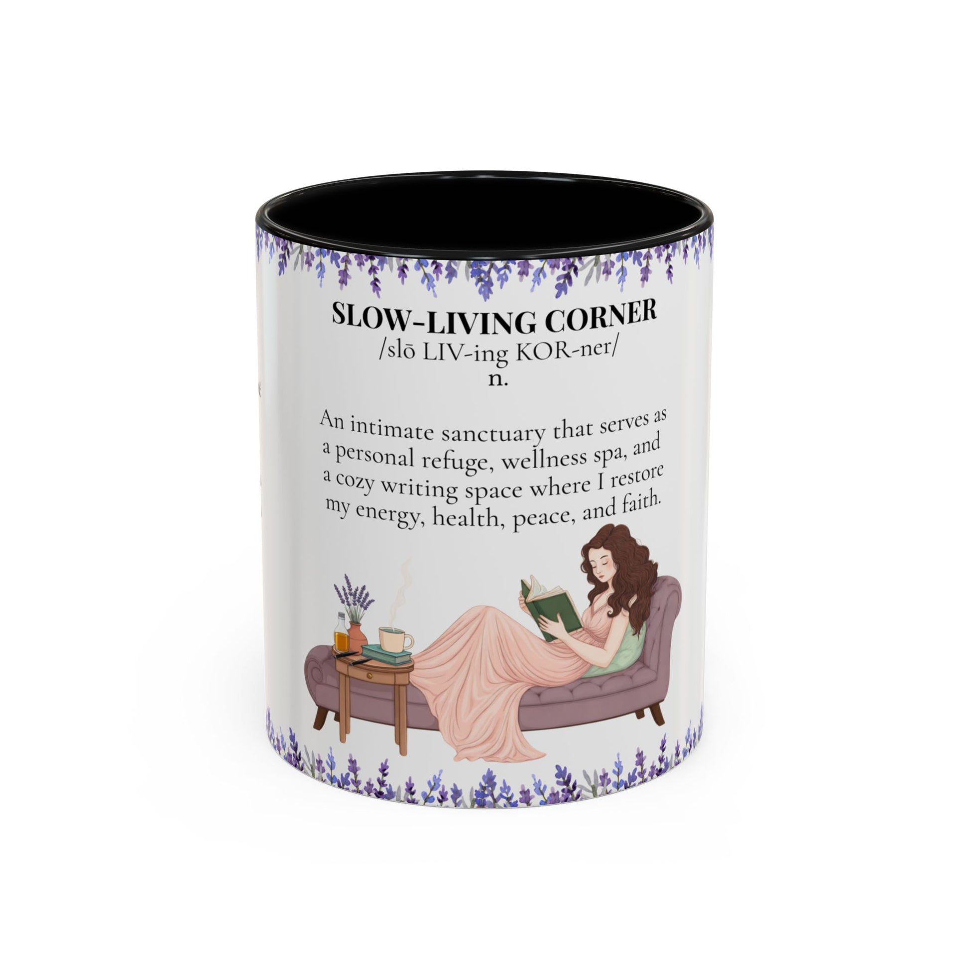 Slow-Living Corner Accent Coffee/Tea Mug — Inspirational Christian Relaxation Lavender (11/15oz)