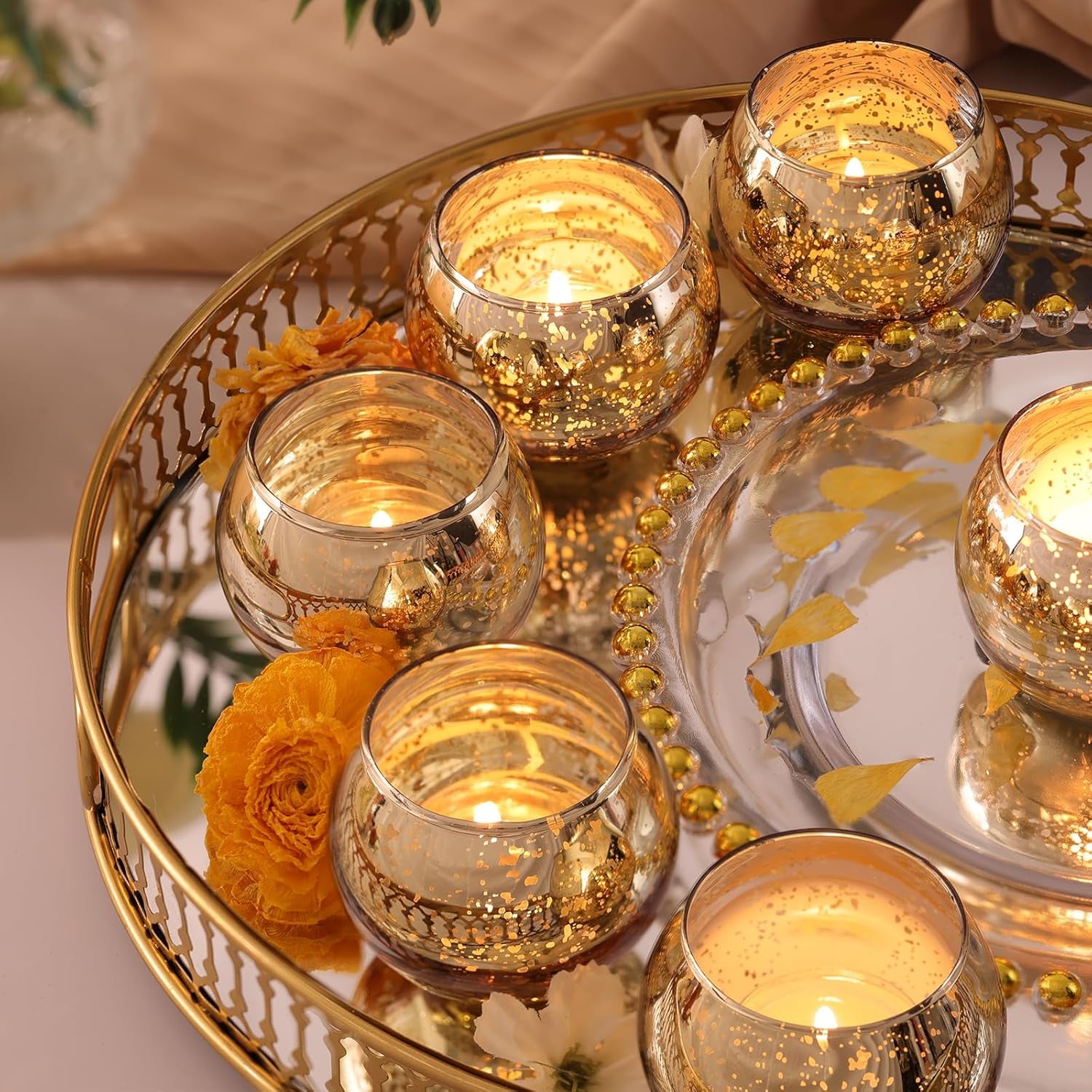 12 Pcs Gold Votive Candle Holders -Gold Mercury Glass Votives Tea Light Candle Holders for Wedding Table Centerpieces, Ramadan, Anniversary, Bridal Shower, Birthday Decor