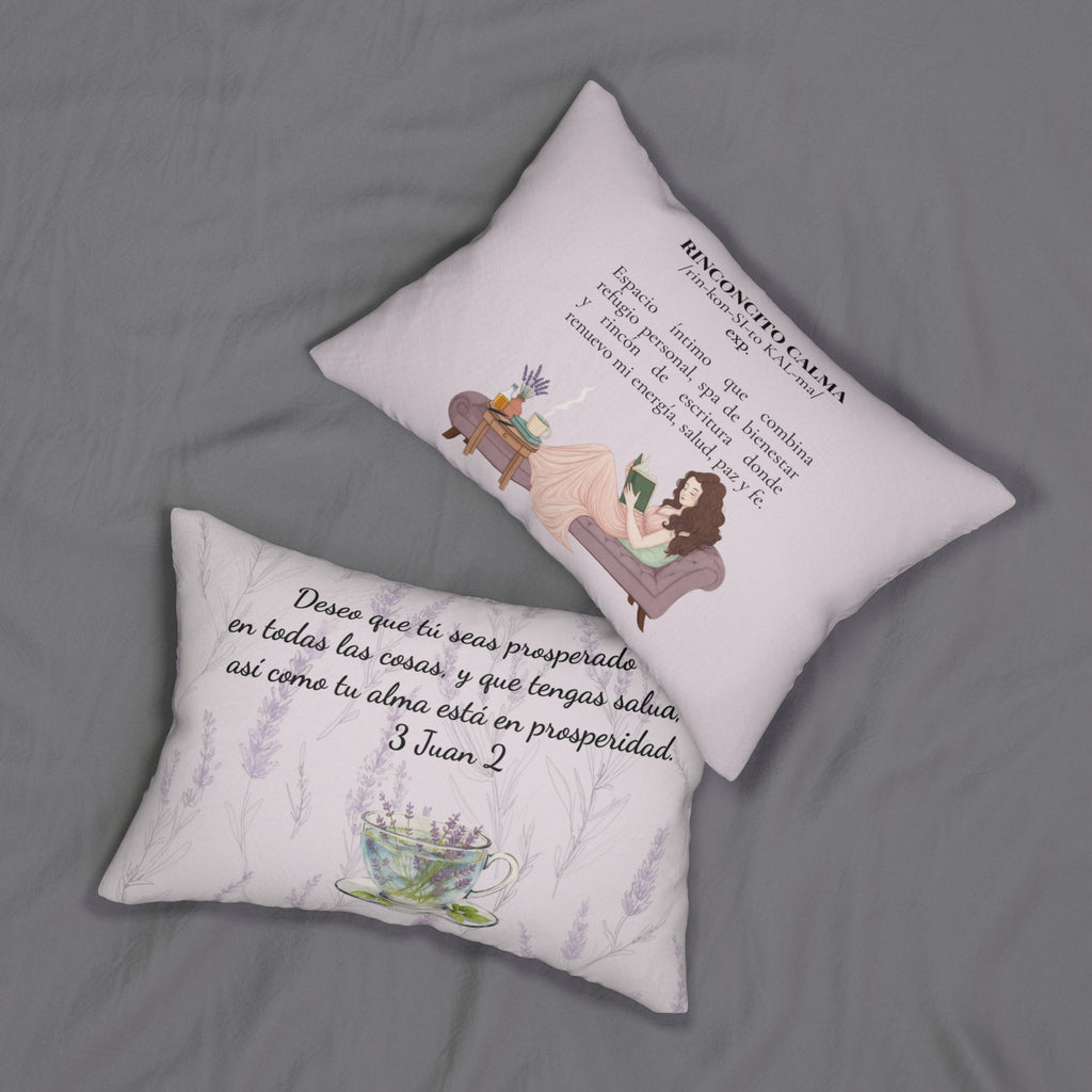 “Slow-Living Corner” & Lavender "Rinconcito Calma" Lumbar Pillow — Spanish Cozy Prayer Blessing (Pink)