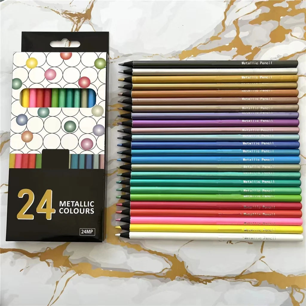 24 Count Metallic Colored Pencils Assorted Coloring Pencil Set Wooden Drawing Pencils for Kids Art Drawing Coloring Book