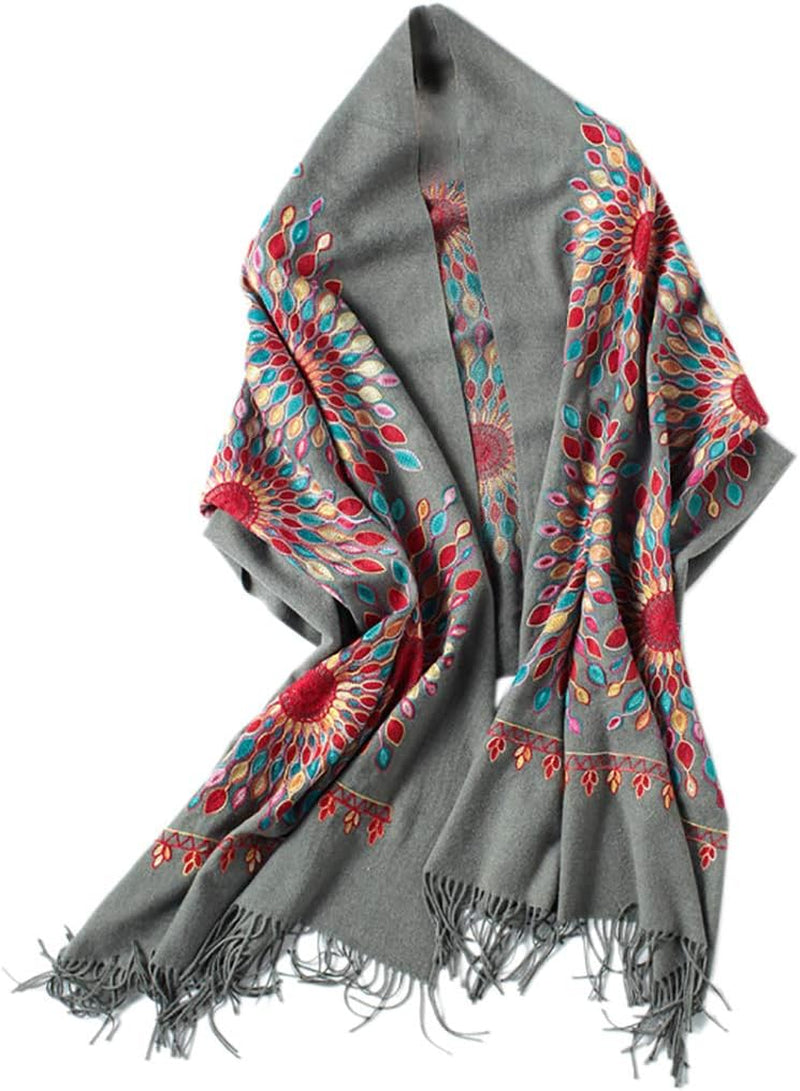 Chic Women's Oversized Embroidered Tassel Shawl Scarf - Perfect Wrap for Any Occasion