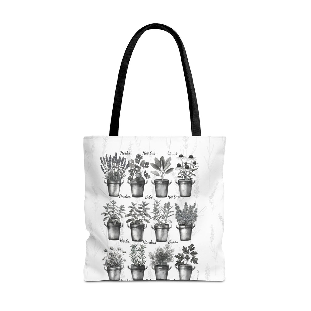6 Language Black & White Herbal Garden Tote Bag | Botanical Shopping Tote | Eco-Friendly Grocery Bag, Plant Lover Gift, Garden Decor, Mothers Day