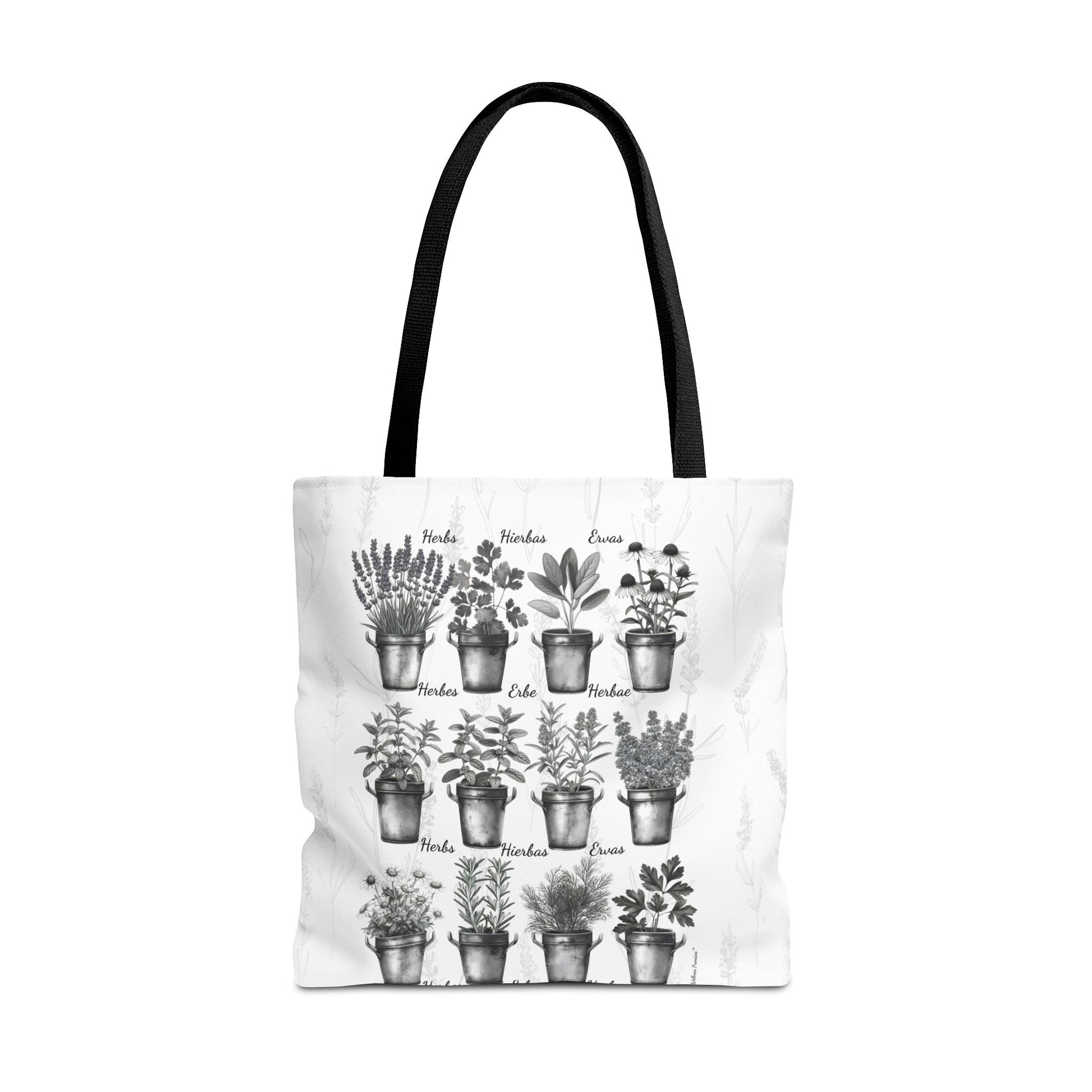 6 Language Black & White Herbal Garden Tote Bag | Botanical Shopping Tote | Eco-Friendly Grocery Bag, Plant Lover Gift, Garden Decor, Mothers Day