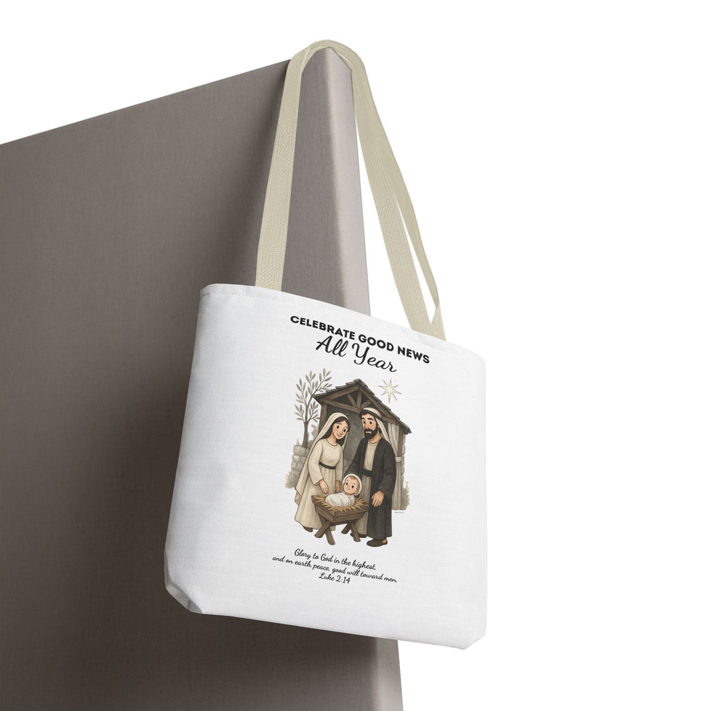 Nativity Tote Bag Year Round — (White Color) "Celebrate Good News All Year" Nativity Tote
