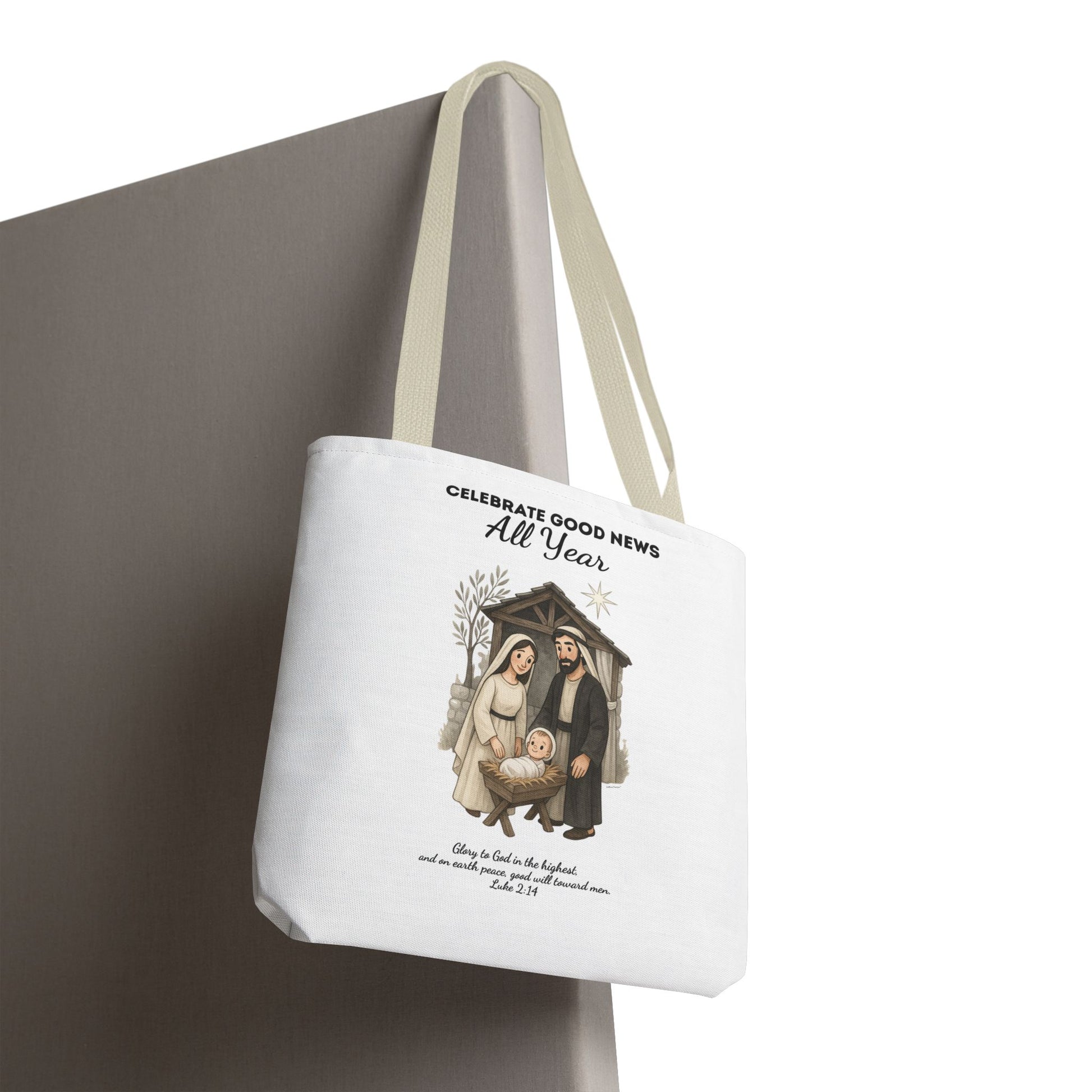Nativity Tote Bag Year Round — (White Color) "Celebrate Good News All Year" Nativity Tote