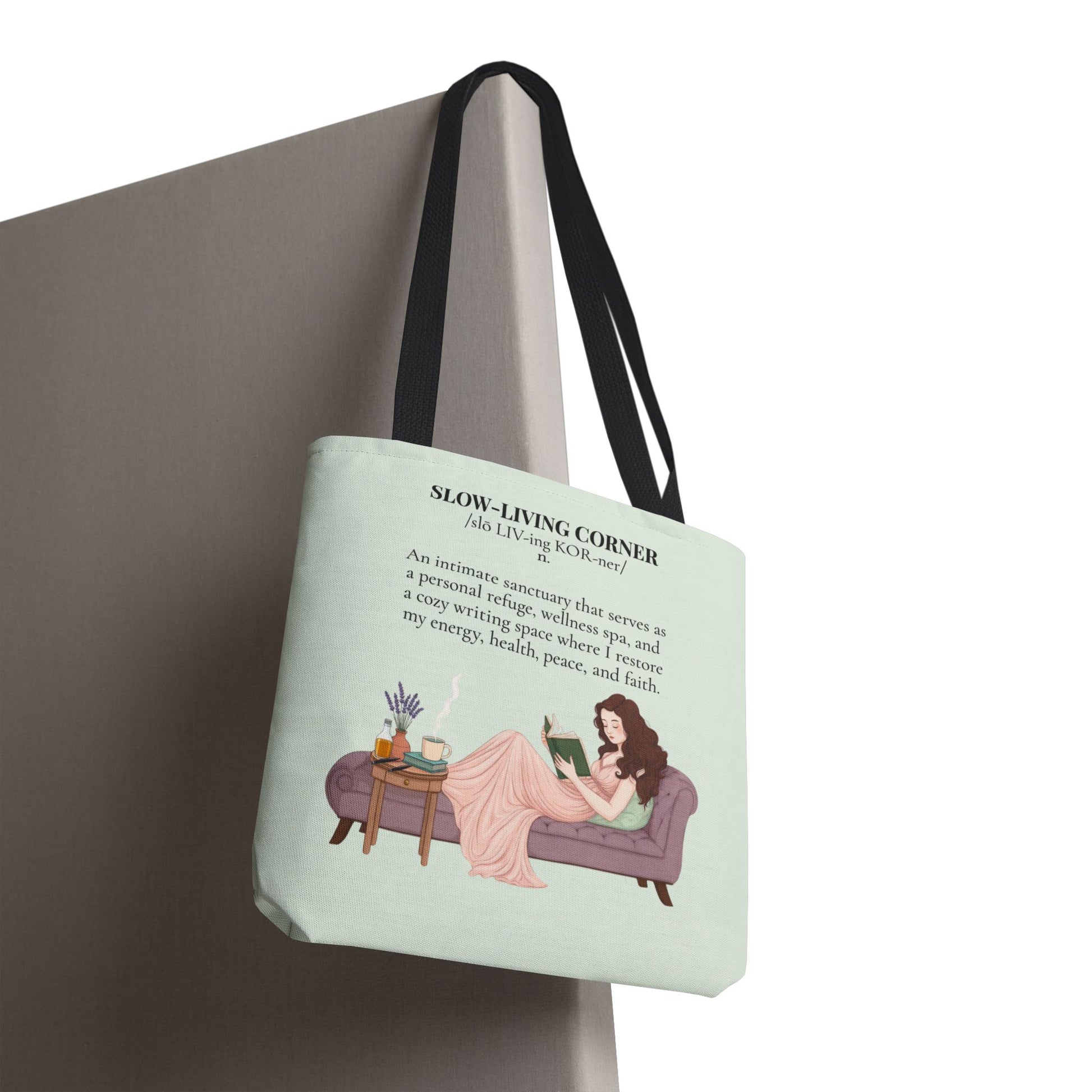 Slow-Living Corner Tote Bag — Cozy Self-Care AOP Canvas Tote with Faith Quotes (Mint Green)