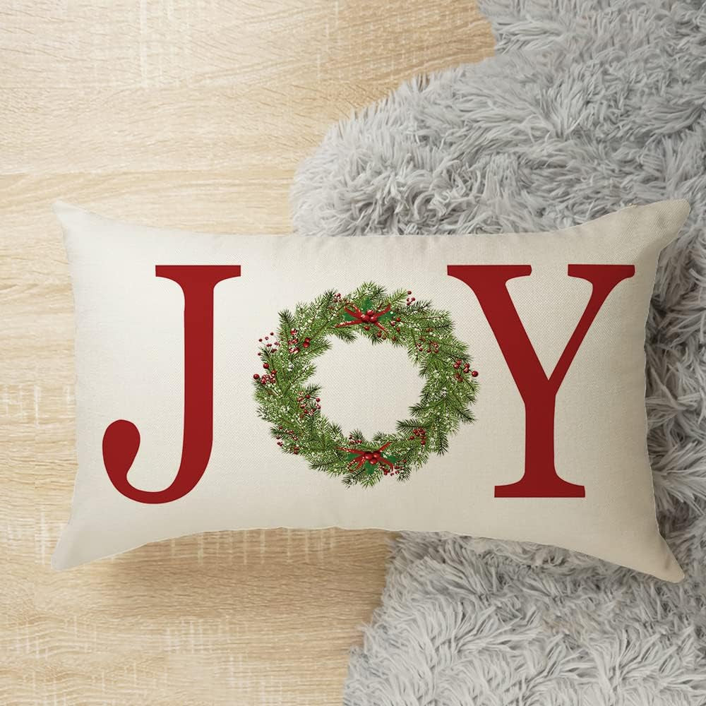 Joy with Wreath Throw Pillow Cover Farmhouse Christmas Decor Cuhion Cover Buffalo Check Trees Pillow Cover Farm Decor 20X12 Inch Outdoor Pillow Cushion,