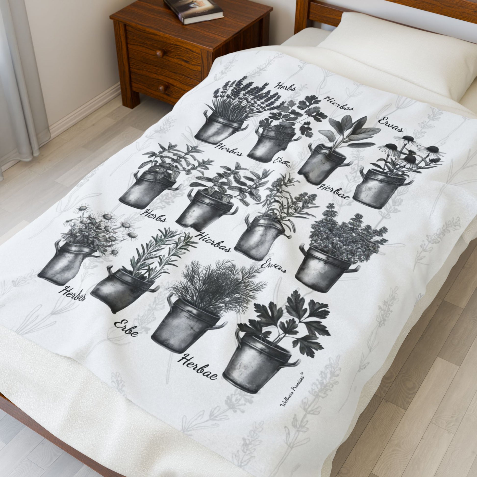 6 Languages Herbal Wellness Black and White Velveteen Plush Blanket | Cozy Home Decor, Perfect Gift for Gardeners, Plant Lovers, Housewarming, Relaxing Evenings