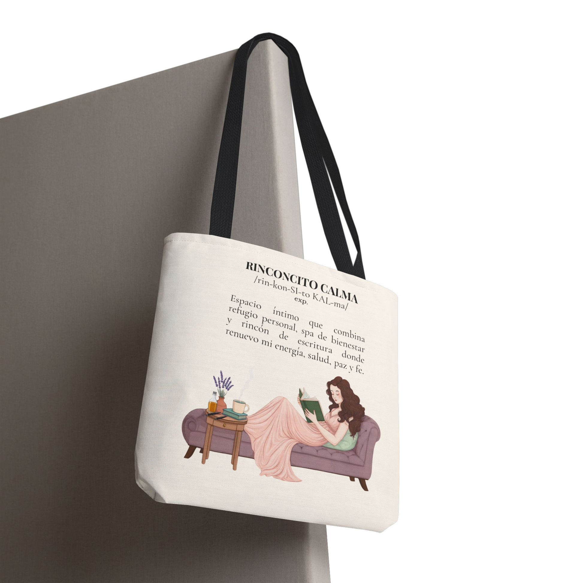 Slow-Living Corner Tote Bag — "Rinconcito Calma" Spanish Cozy Self-Care AOP Canvas Tote with Faith Quotes