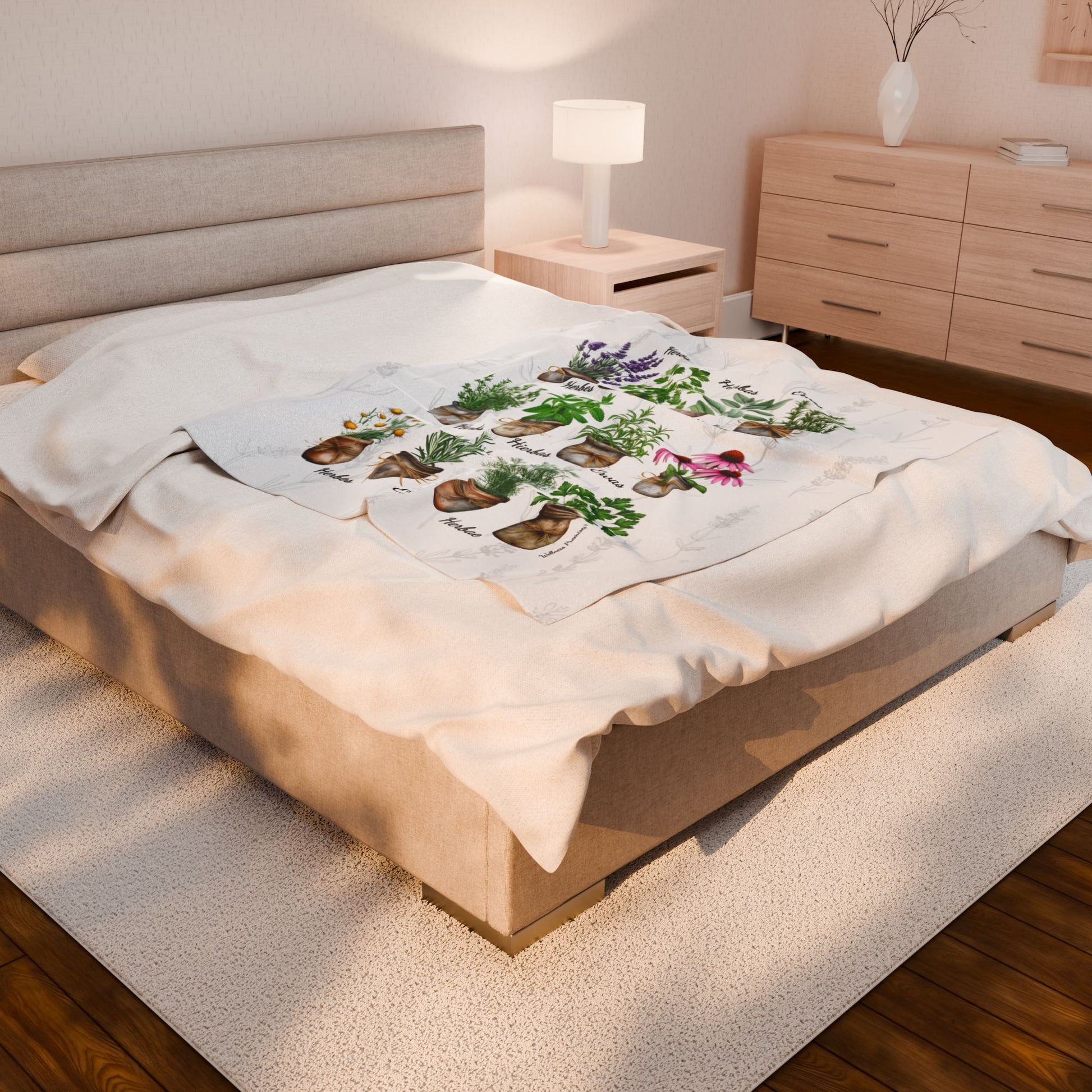 6 Languages Herbal Wellness Watercolor Velveteen Plush Blanket | Cozy Home Decor, Perfect Gift for Gardeners, Plant Lovers, Housewarming, Relaxing Evenings