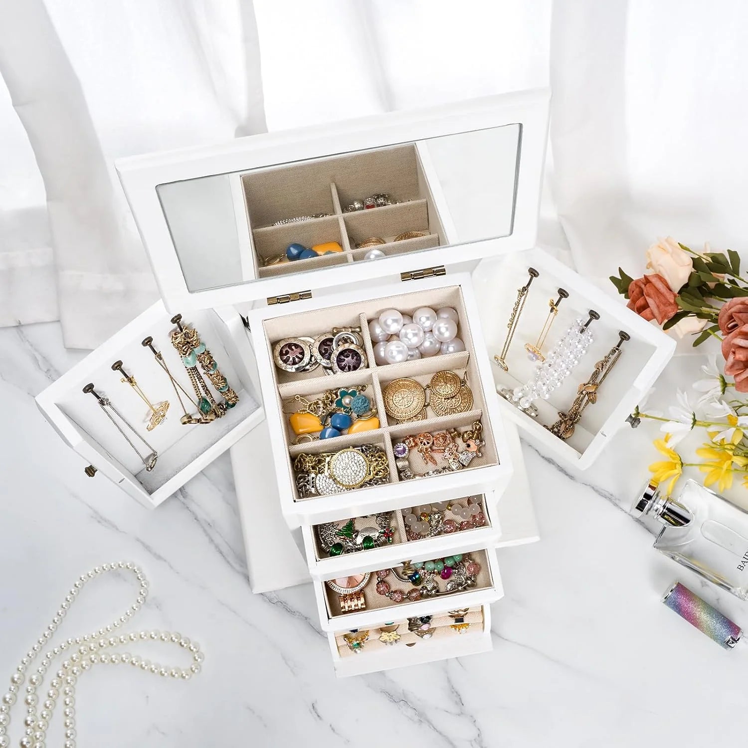 Jewelry Box, Wooden Jewelry Boxes for Women, Jewelry Organizer Box Display for Rings Earrings Necklaces Bracelets,Weathered White