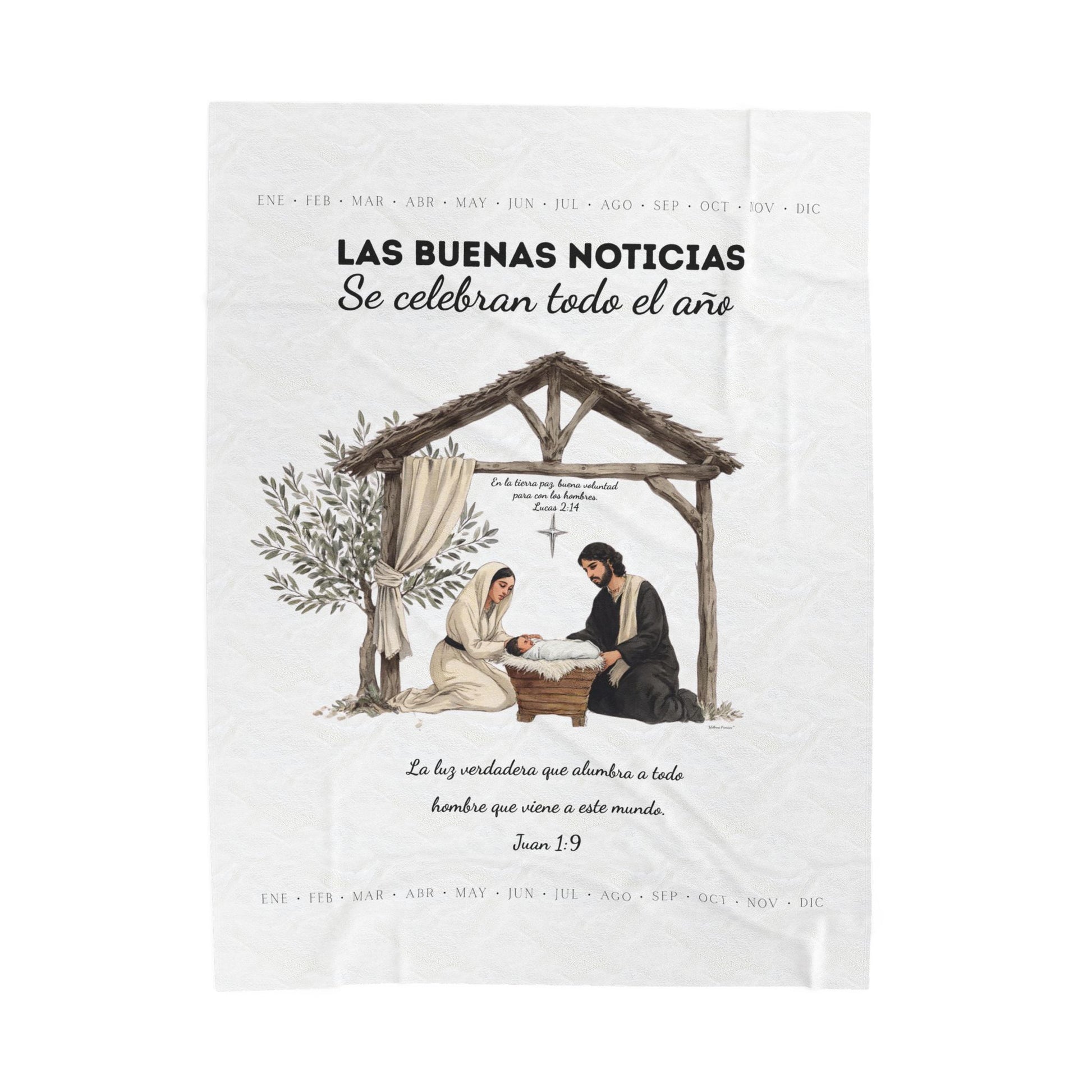 Nativity Year Round Velveteen Blanket - (White Color)  "Las Buenas Noticias" Spanish Nativity Throw