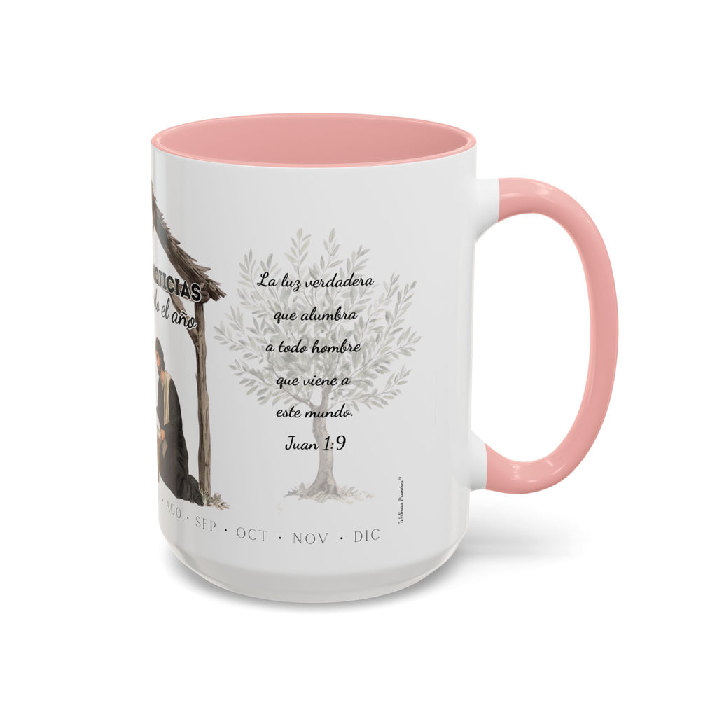Year Round Nativity Coffee Mug — "Las Buenas Noticias se Celebran todo el Año" Watercolor Christian Christmas Mug