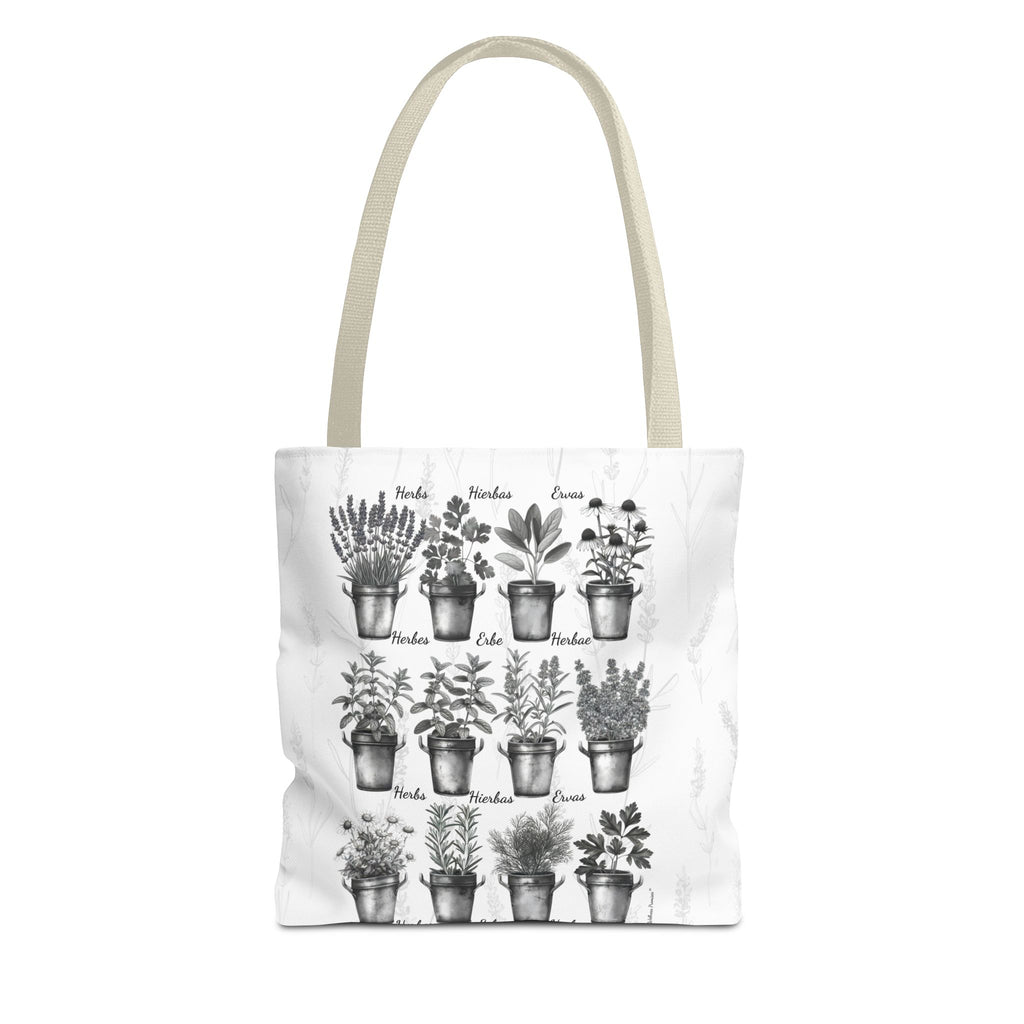 6 Language Black & White Herbal Garden Tote Bag | Botanical Shopping Tote | Eco-Friendly Grocery Bag, Plant Lover Gift, Garden Decor, Mothers Day