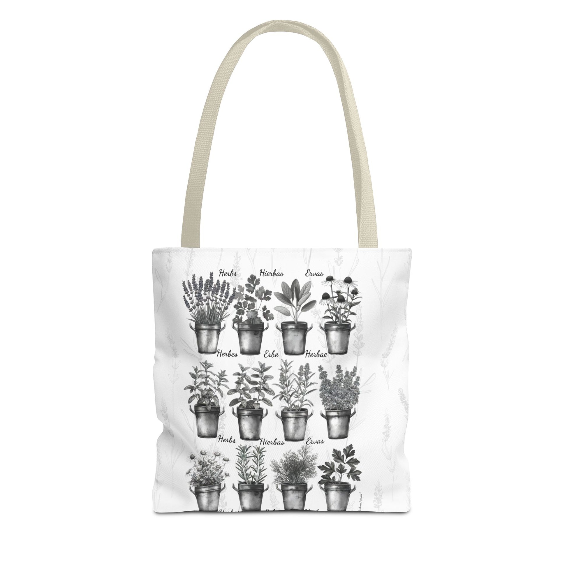 6 Language Black & White Herbal Garden Tote Bag | Botanical Shopping Tote | Eco-Friendly Grocery Bag, Plant Lover Gift, Garden Decor, Mothers Day