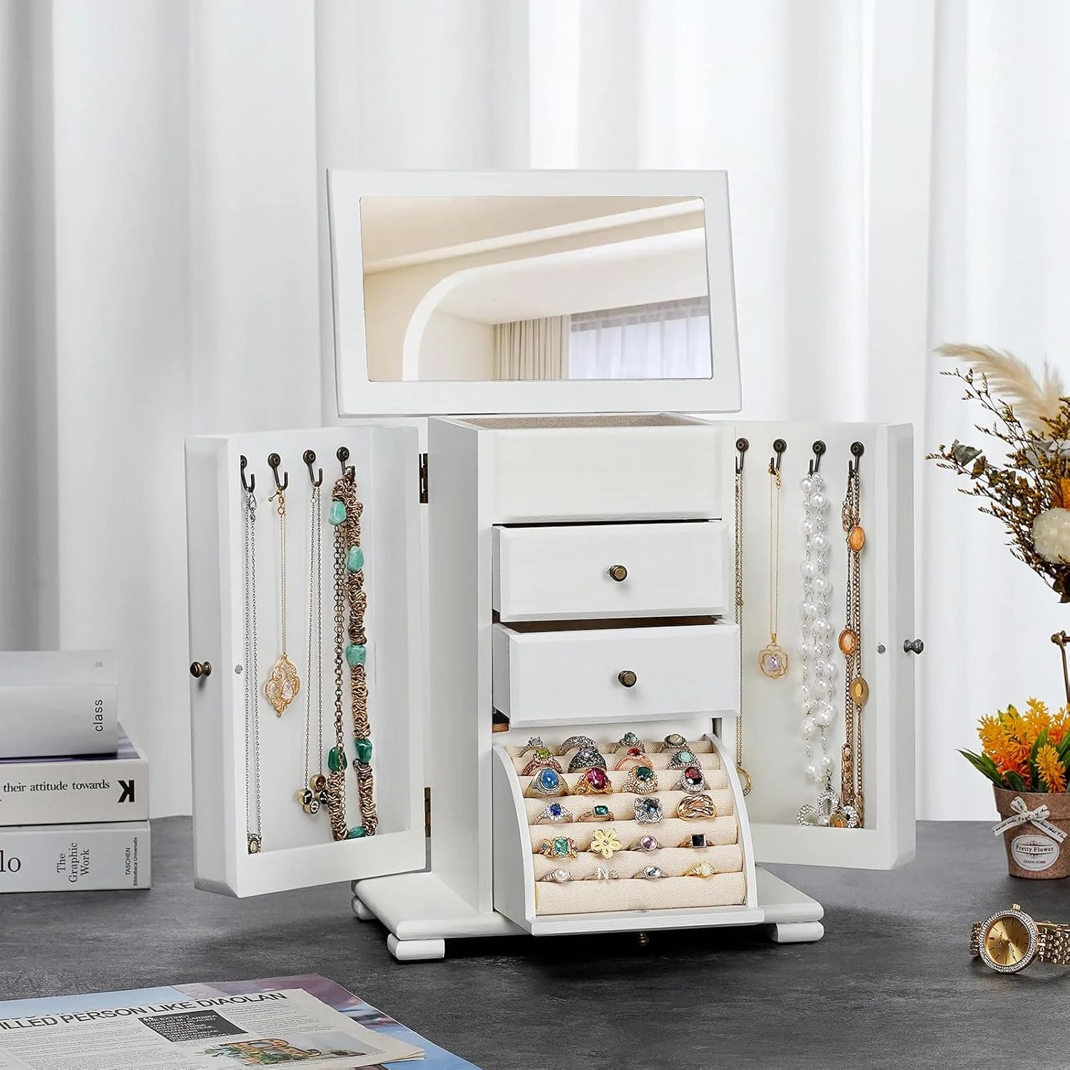 Jewelry Box, Wooden Jewelry Boxes for Women, Jewelry Organizer Box Display for Rings Earrings Necklaces Bracelets,Weathered White