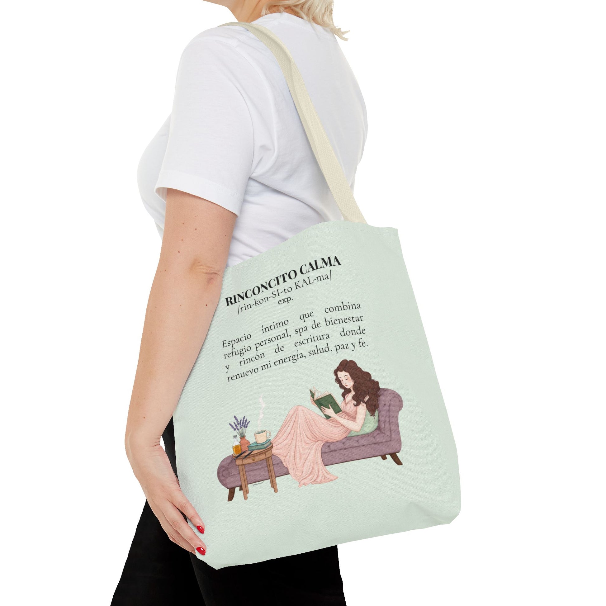 Slow-Living Corner Tote Bag — "Rinconcito Calma" Spanish Cozy Self-Care AOP Canvas Tote with Faith Quotes (Mint Green)