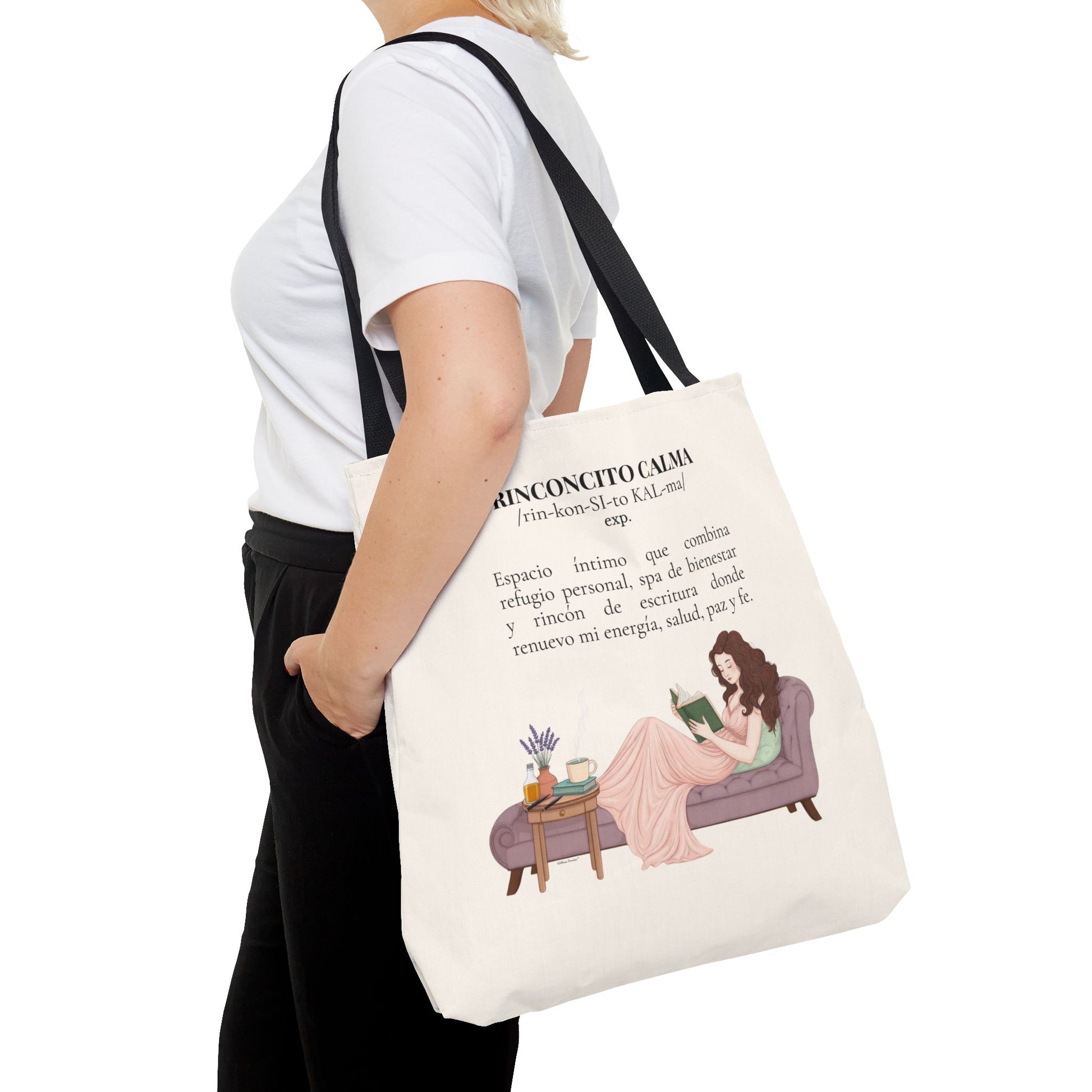 Slow-Living Corner Tote Bag — "Rinconcito Calma" Spanish Cozy Self-Care AOP Canvas Tote with Faith Quotes