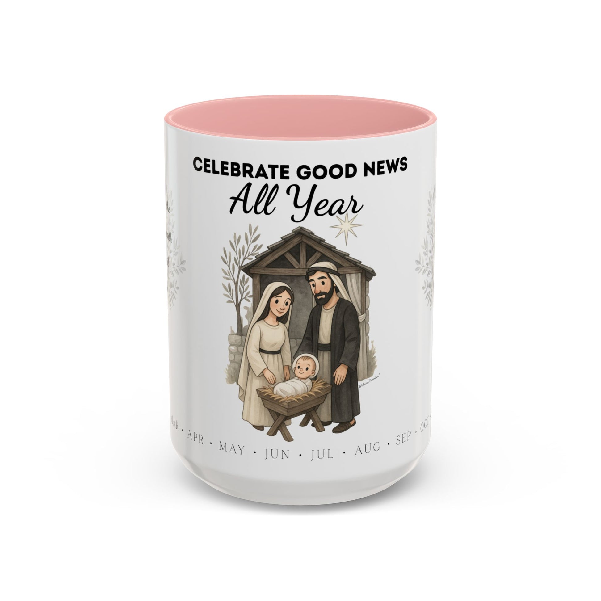 Nativity Coffee Mug Year-Round — "Celebrate Good News All Year" Christian Christmas Mug