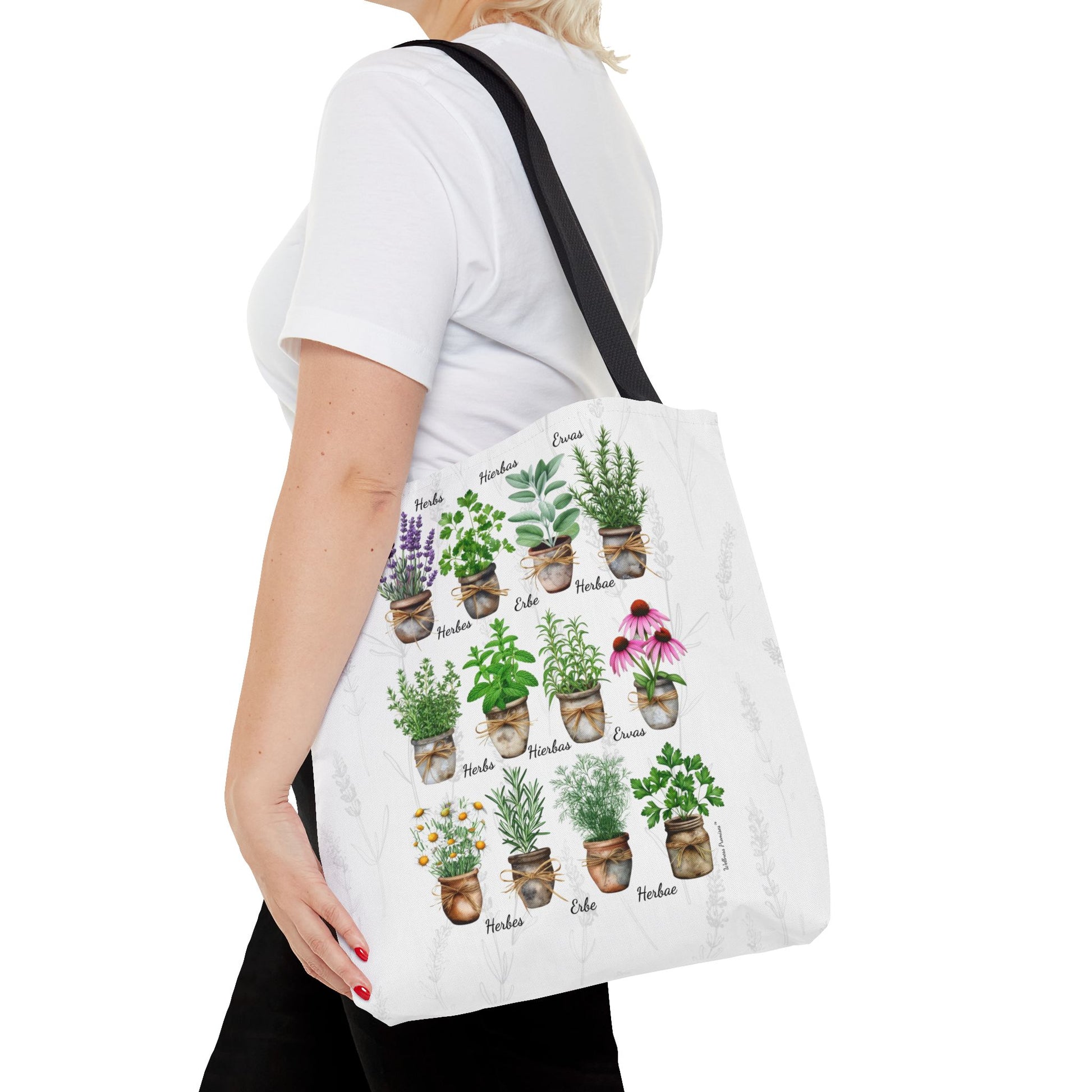 6 Language Watercolor Herbal Garden Tote Bag | Botanical Shopping Tote | Eco-Friendly Grocery Bag, Plant Lover Gift, Garden Decor, Mothers Day