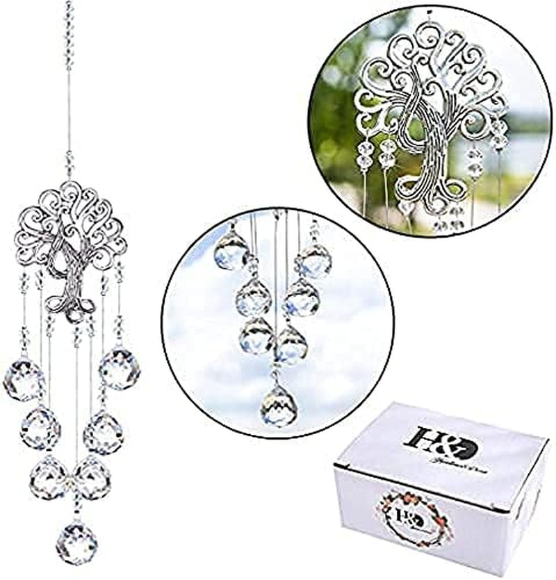 Garden Hanging Crystal Suncatchers Rainbow Makers with Crystal Ball Prisms and Metal Tree of Life for Garden Outdoor Home Kids Room Window