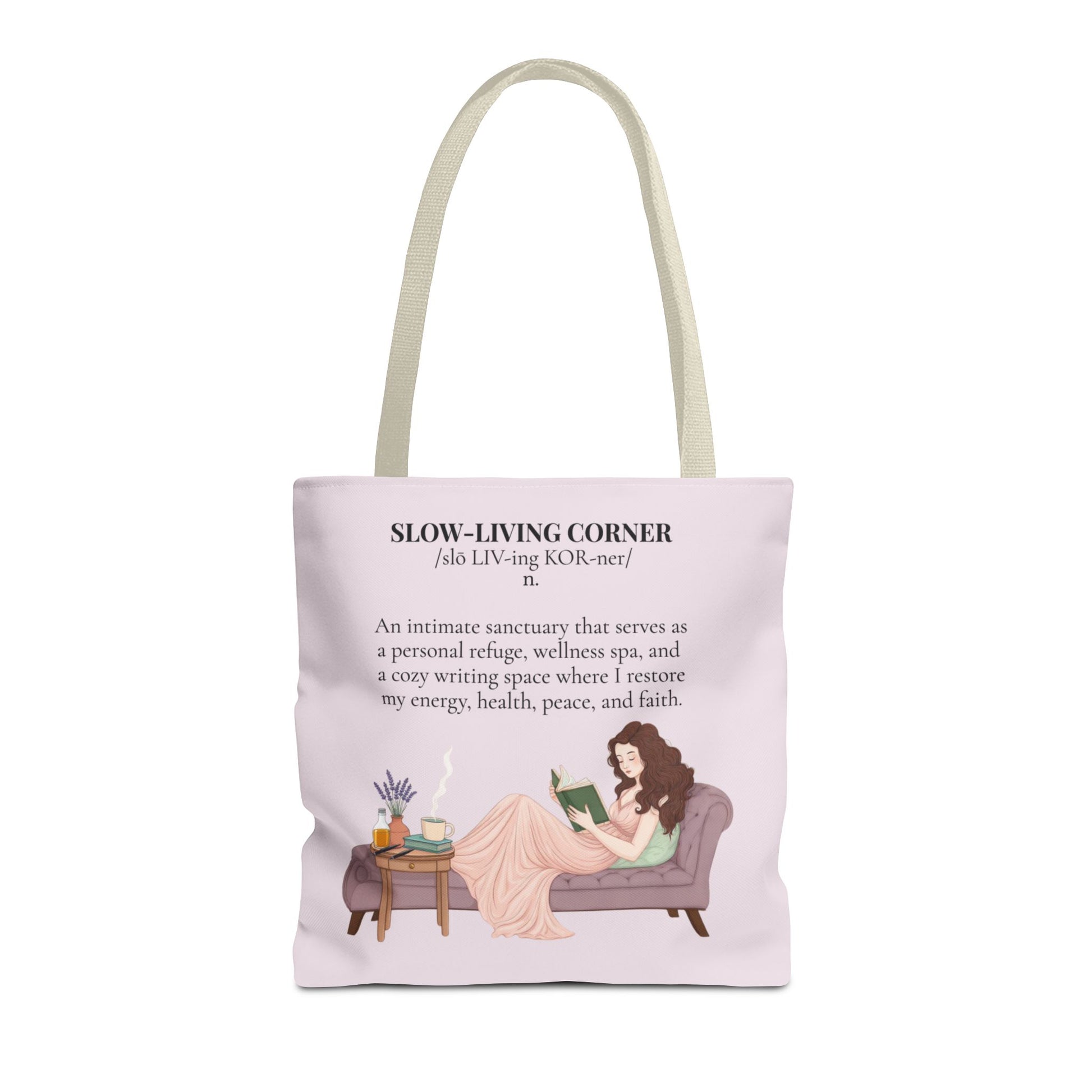 Slow-Living Corner Tote Bag — Cozy Self-Care AOP Canvas Tote with Faith Quotes (Pink)