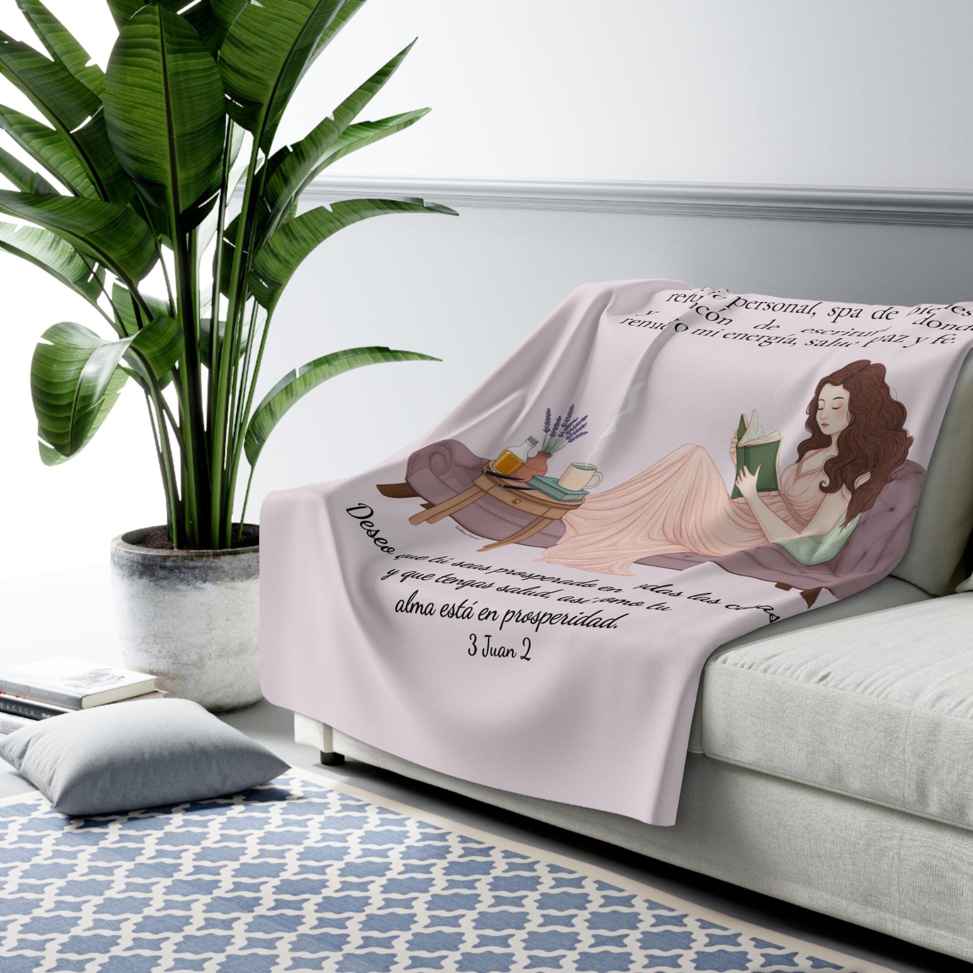 Sherpa Blanket - "Rinconcito Calma" Cozy Spanish Bible Self-Care Throw with Reading Girl Design