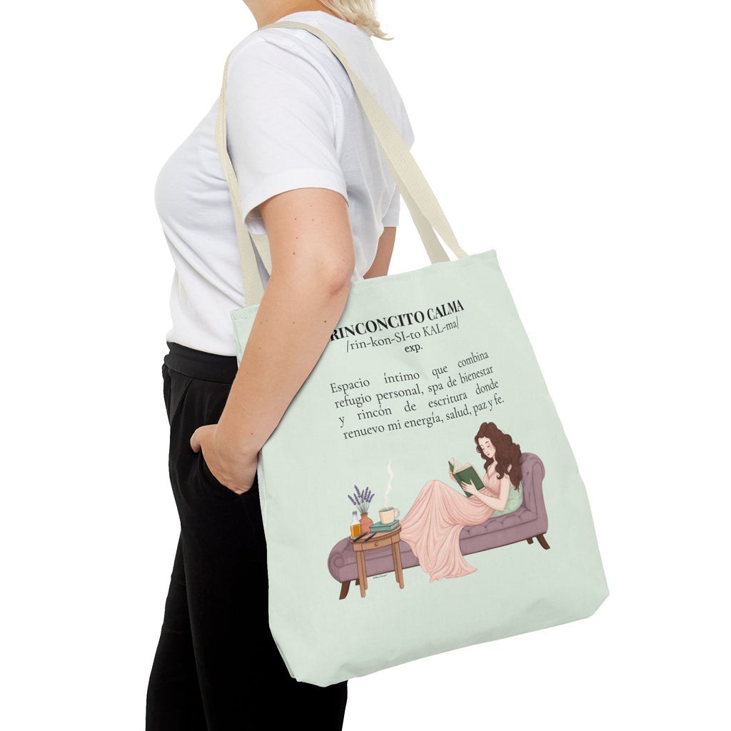 Slow-Living Corner Tote Bag — "Rinconcito Calma" Spanish Cozy Self-Care AOP Canvas Tote with Faith Quotes (Mint Green)