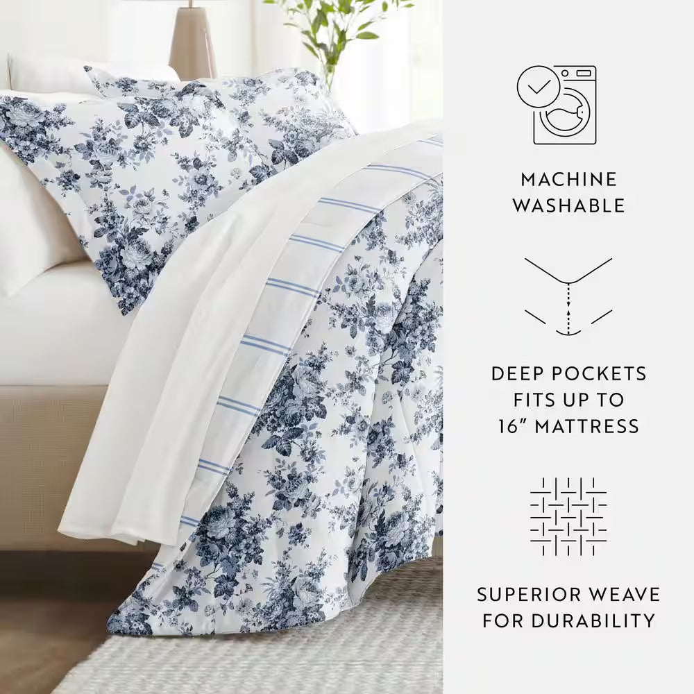 7-Piece Cabbage Rose Stripe Stone Pattern Comforter Cal King Microfiber Bedding Bundle