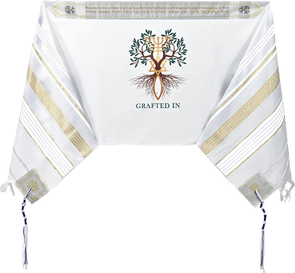 Grafted in - Messianic Christian Prayer Shawl/Tallit Prayer Shawl - Creation and Restoration Talit (All White / Gold)