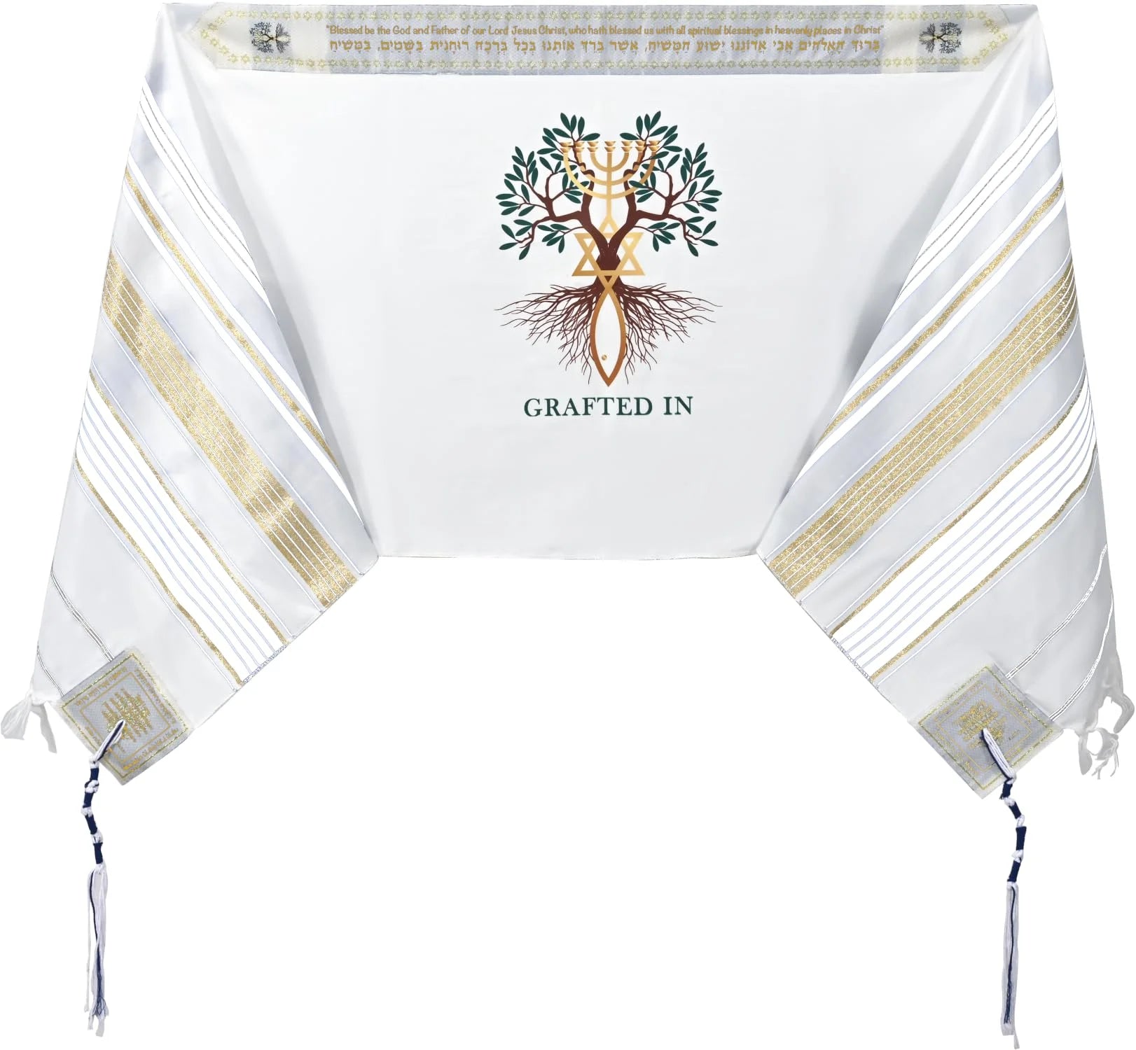 Grafted in - Messianic Christian Prayer Shawl/Tallit Prayer Shawl - Creation and Restoration Talit (All White / Gold)