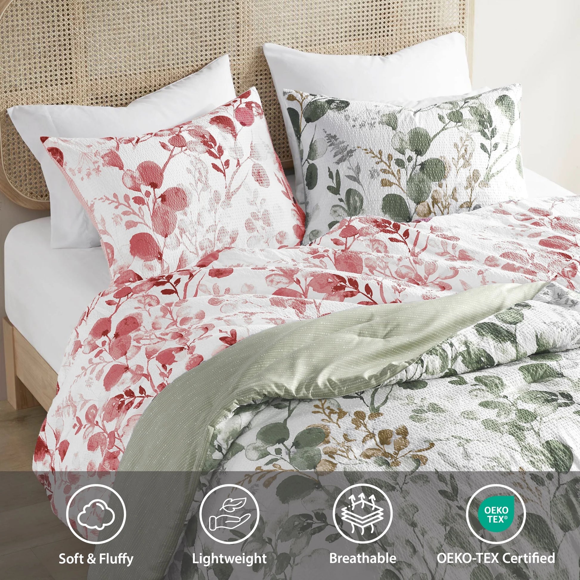 King/Cal King Comforter Sets, Reversible Seersucker Floral Bedding Sets, 3 Piece Lightweight Pink Blush Botanical Flowers Comforter Bed Set with Pillow Shams