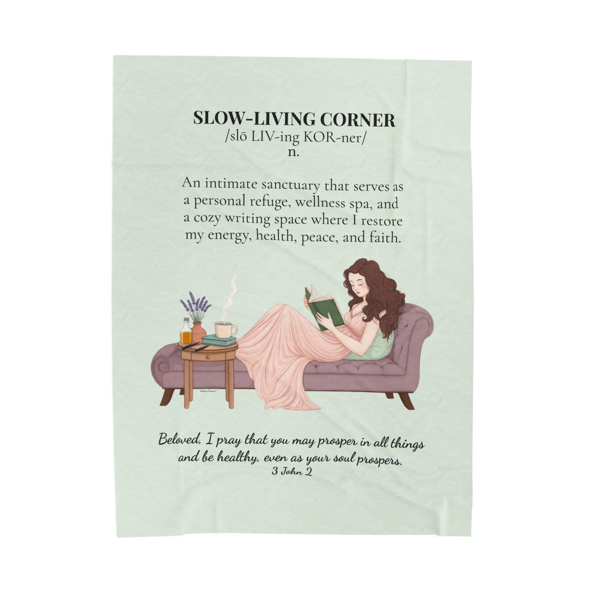 Slow-Living Corner Velveteen Plush Blanket — Cozy Reading Nook Throw with Bible Verse (Mint Green)