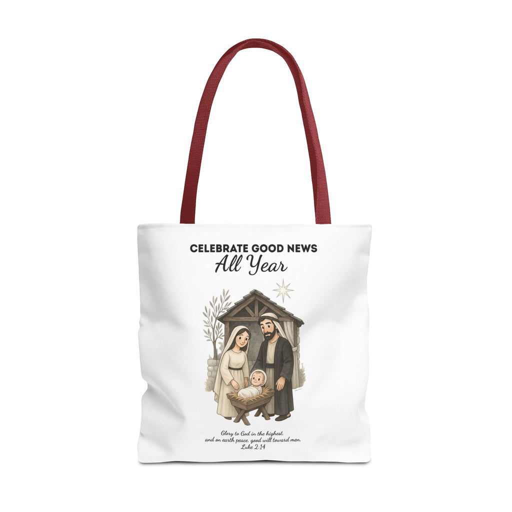 Nativity Tote Bag Year Round — (White Color) "Celebrate Good News All Year" Nativity Tote