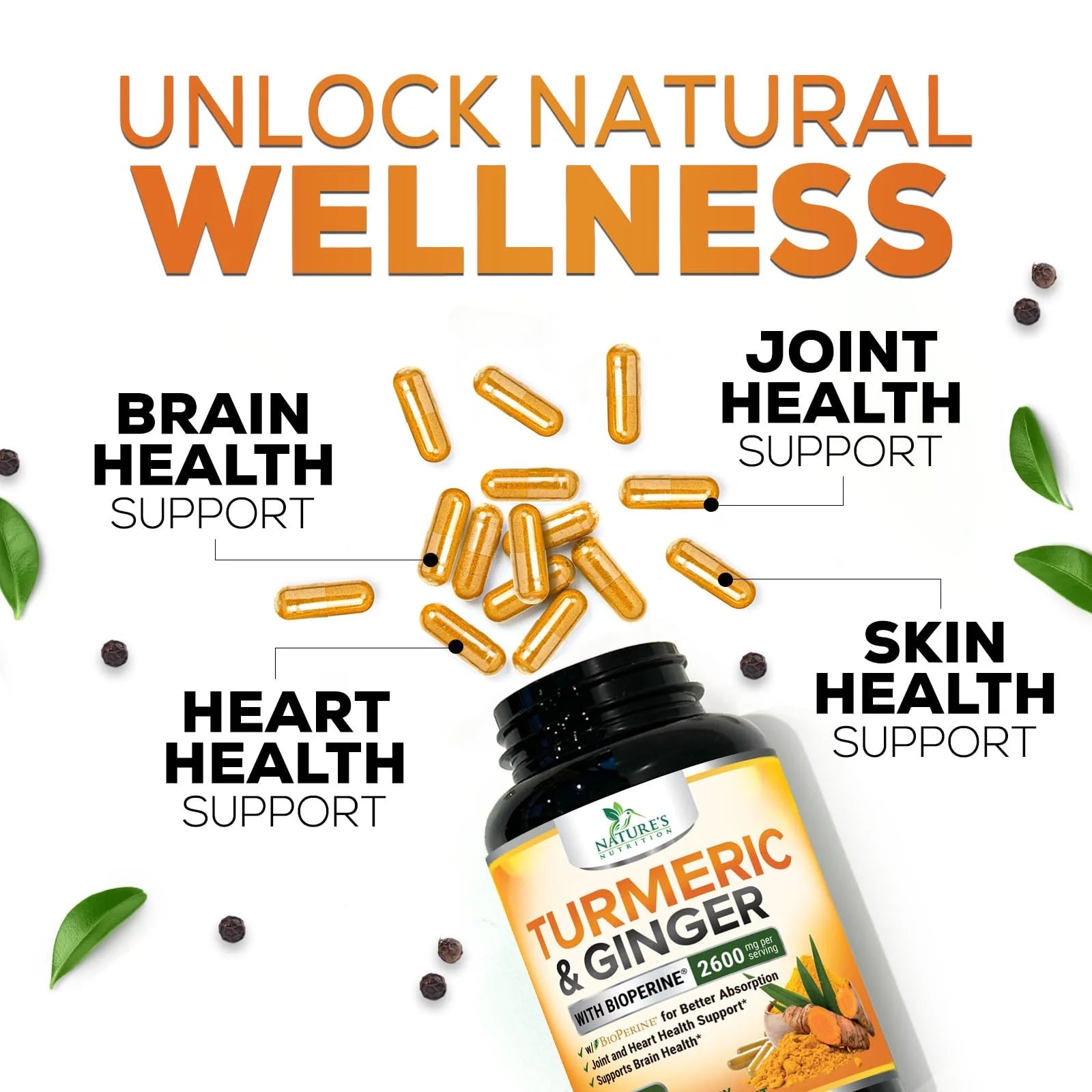 Turmeric Supplement Curcumin 2600Mg - with Organic Ginger & Turmeric, Bioperine Black Pepper Extract 95% Curcuminoids - Advanced Absorption Antioxidant & Joint Support - Vegan - 120 Capsules