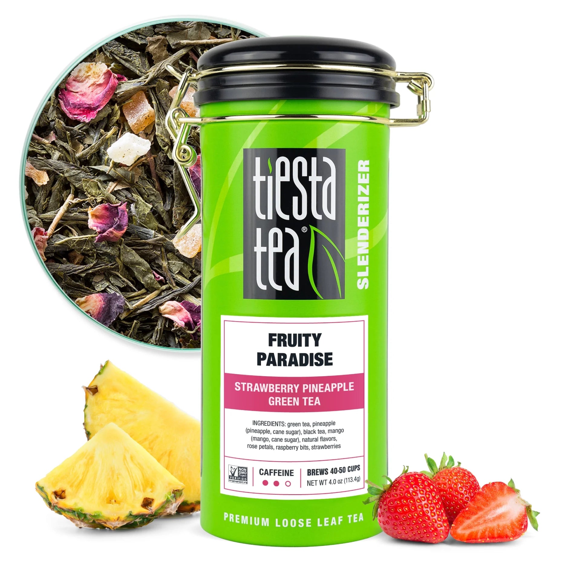 - Fruity Paradise, Slenderizer Loose Leaf Green Tea, Strawberry Pineapple Green Tea, Medium Caffeine, Gmo-Free, Make Hot or Iced Tea & Brews up to 50 Cups - 4 Ounce Refillable Tin