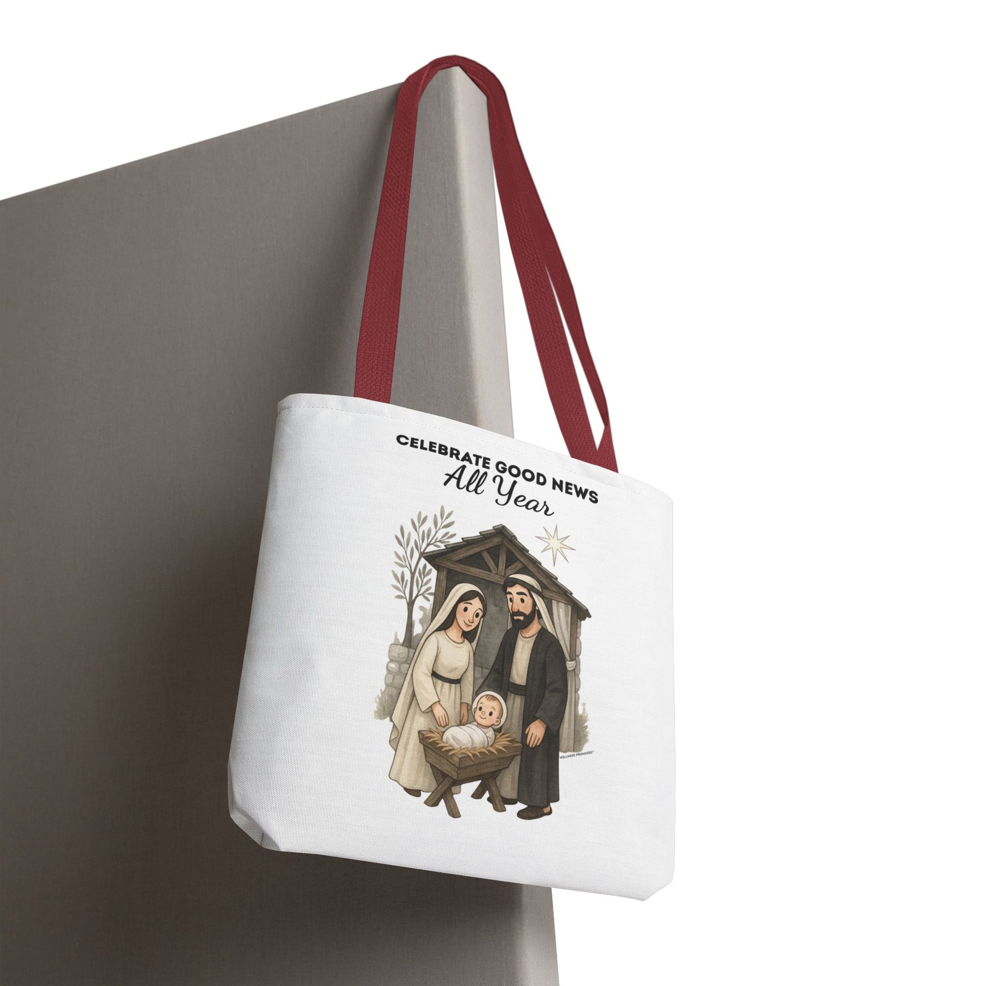 Nativity Tote Bag Year Round — (White Color) "Celebrate Good News All Year" Nativity Tote