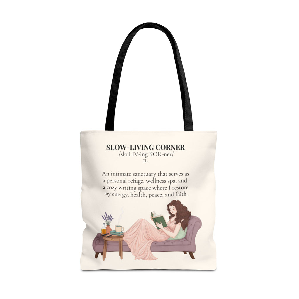 Slow-Living Corner Tote Bag — Cozy Self-Care AOP Canvas Tote with Faith Quotes