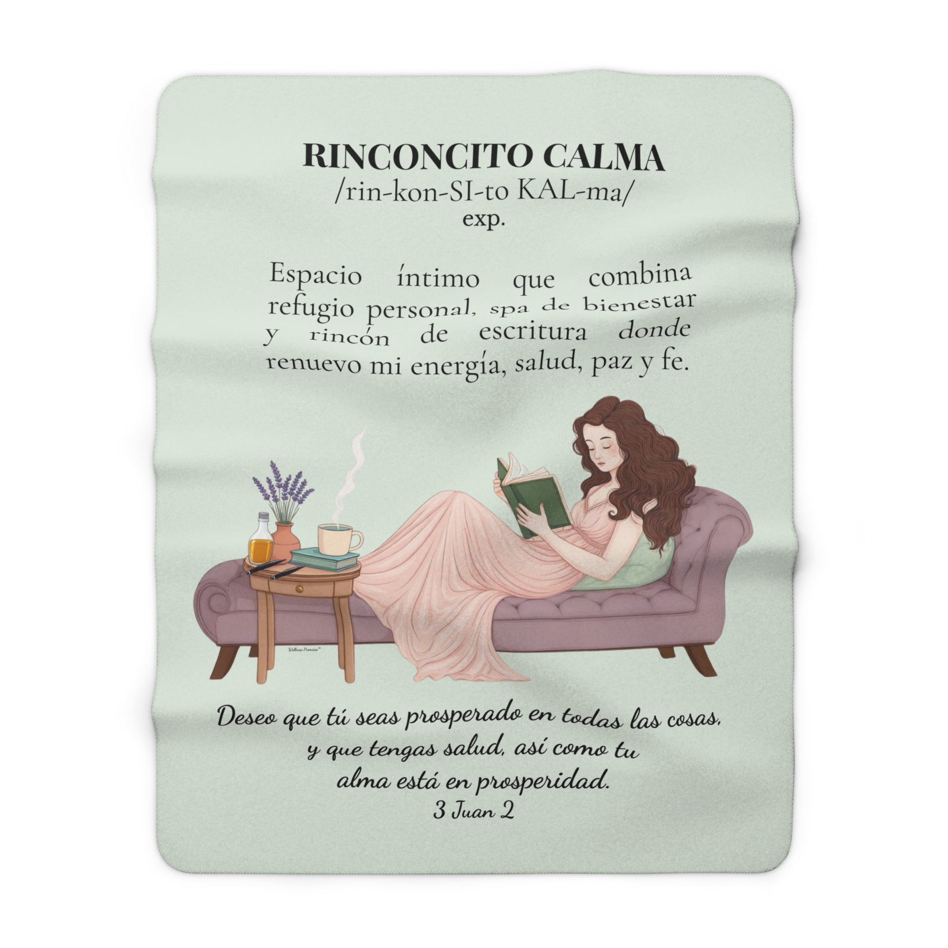 Sherpa Blanket - "Rinconcito Calma" (Green) Cozy Spanish Bible Self-Care Throw with Reading Girl Design
