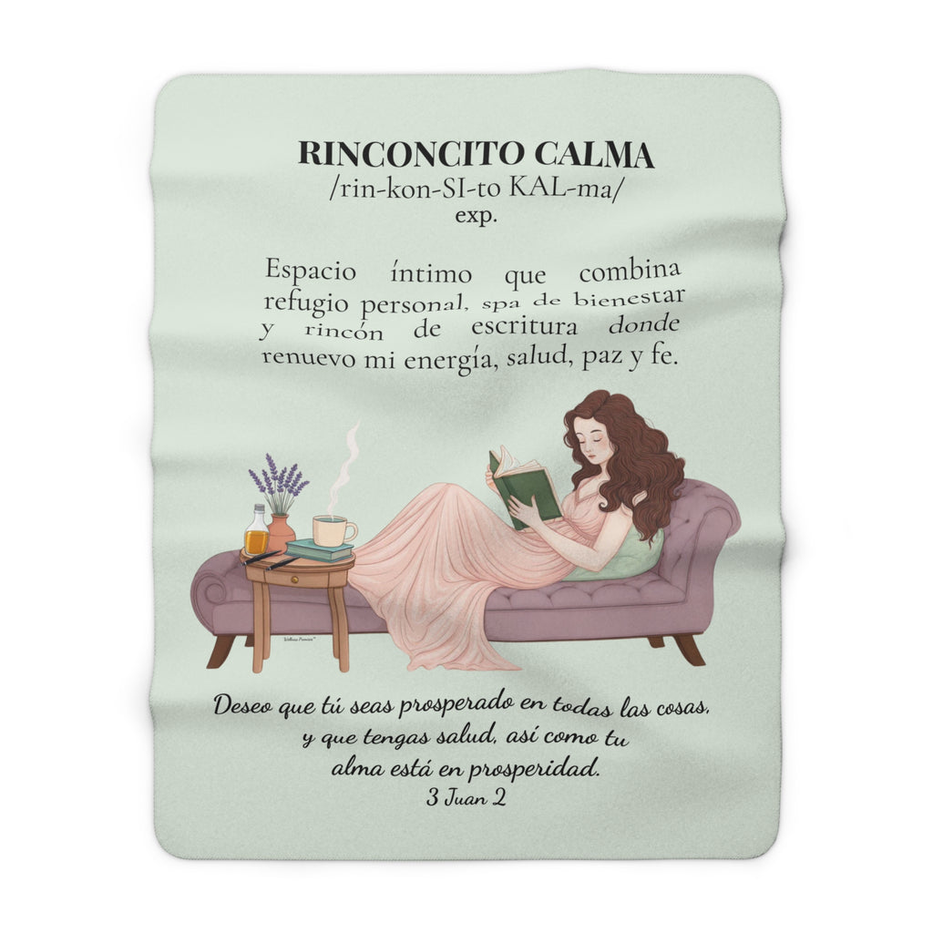 Sherpa Blanket - "Rinconcito Calma" (Green) Cozy Spanish Bible Self-Care Throw with Reading Girl Design