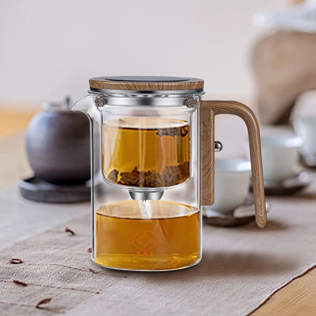 Water Separation Glass Teapot with Wooden Handle, Witchcraft Teapot, Magical Teapot, Glass Teapot with Infuser, Glass Teapot with Strainer, Glass Inner Bladder Magnetic Suction Floating Cup
