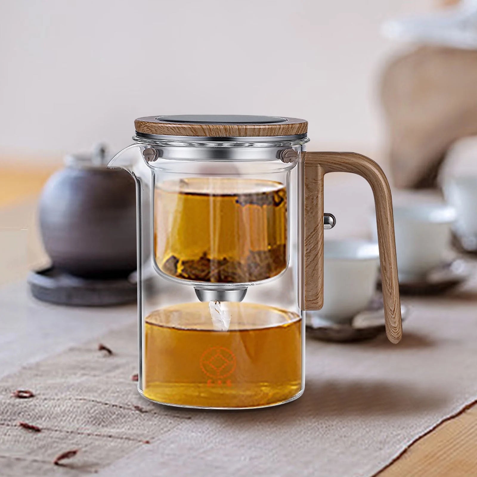 Water Separation Glass Teapot with Wooden Handle, Witchcraft Teapot, Magical Teapot, Glass Teapot with Infuser, Glass Teapot with Strainer, Glass Inner Bladder Magnetic Suction Floating Cup