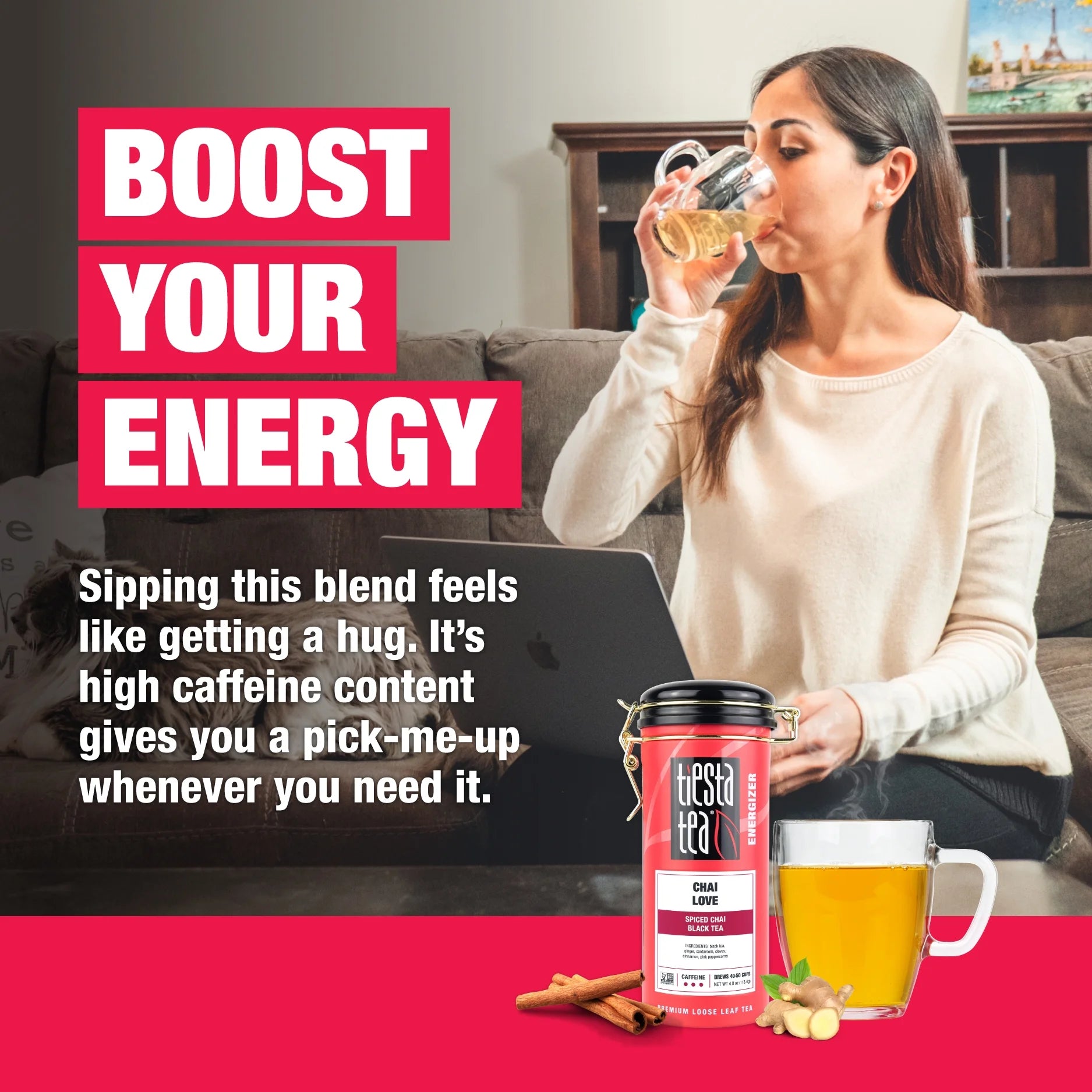 - Chai Love, Energizer Loose Leaf Black Tea, High Caffeine, Gmo-Free, Make Hot or Iced & up to 50 Cups - 4 Oz Refillable Tin Can