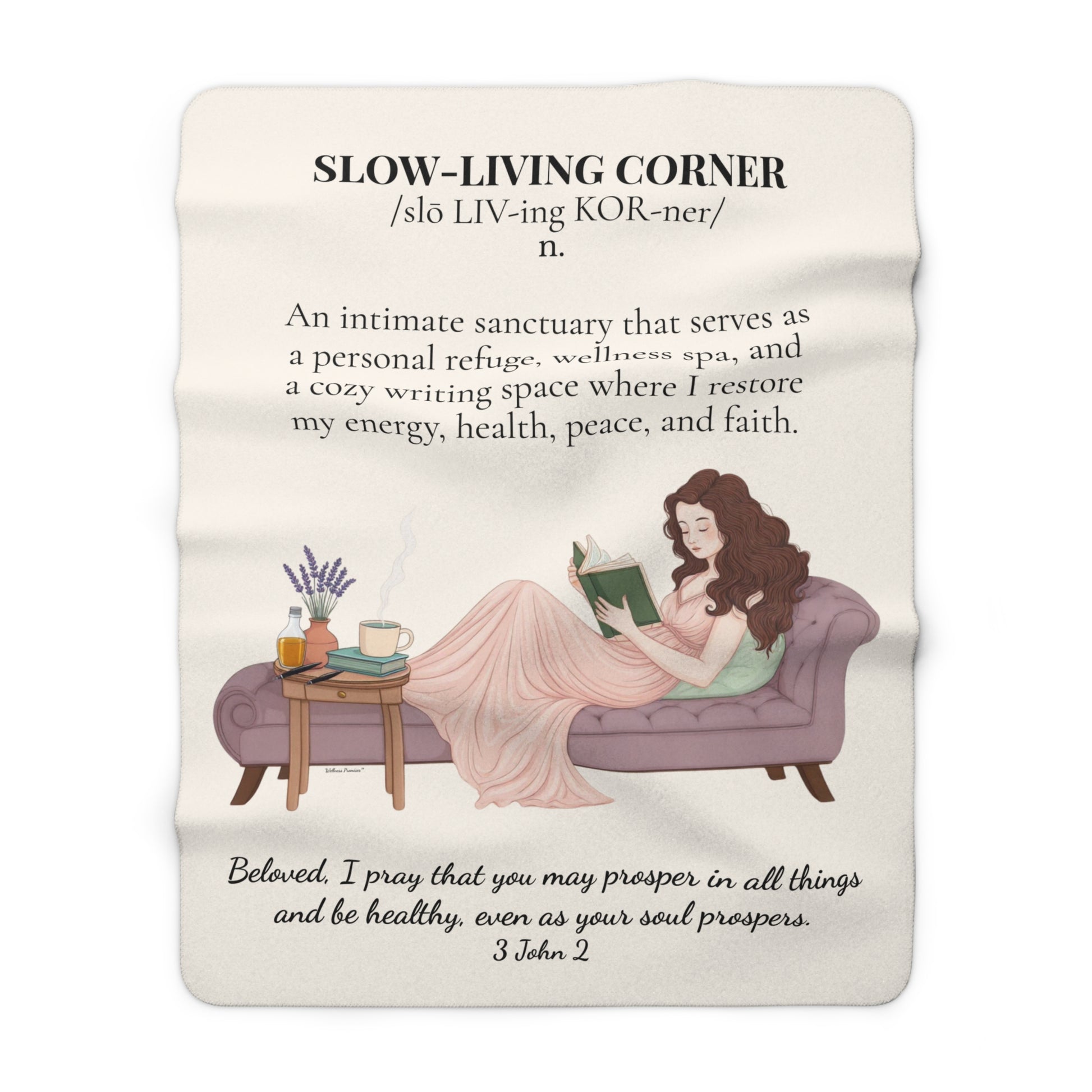 Slow-Living Corner Sherpa Fleece Blanket — (Beige Color) Cozy Spiritual Sanctuary Throw with Scripture
