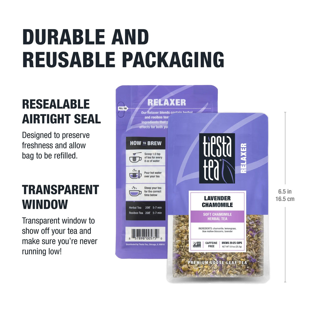 - Lavender Chamomile, Relaxer Loose Leaf Herbal Tea, Caffeine Free, Gmo-Free, Make Hot or Iced Tea & Brews up to 25 Cups - 0.9 Ounce Resealable Pouch