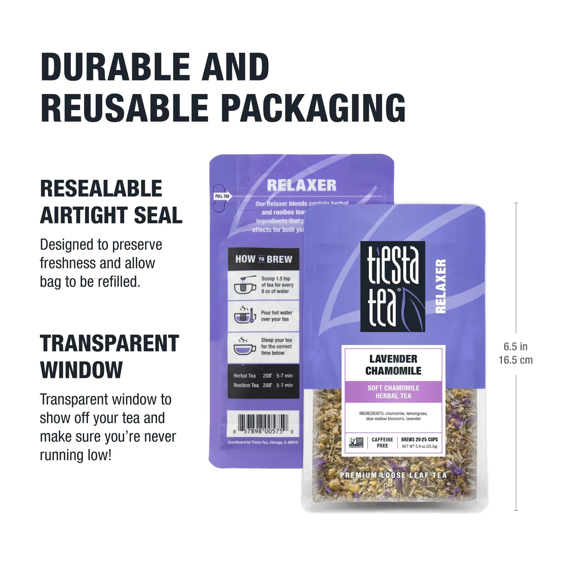 - Lavender Chamomile, Relaxer Loose Leaf Herbal Tea, Caffeine Free, Gmo-Free, Make Hot or Iced Tea & Brews up to 25 Cups - 0.9 Ounce Resealable Pouch