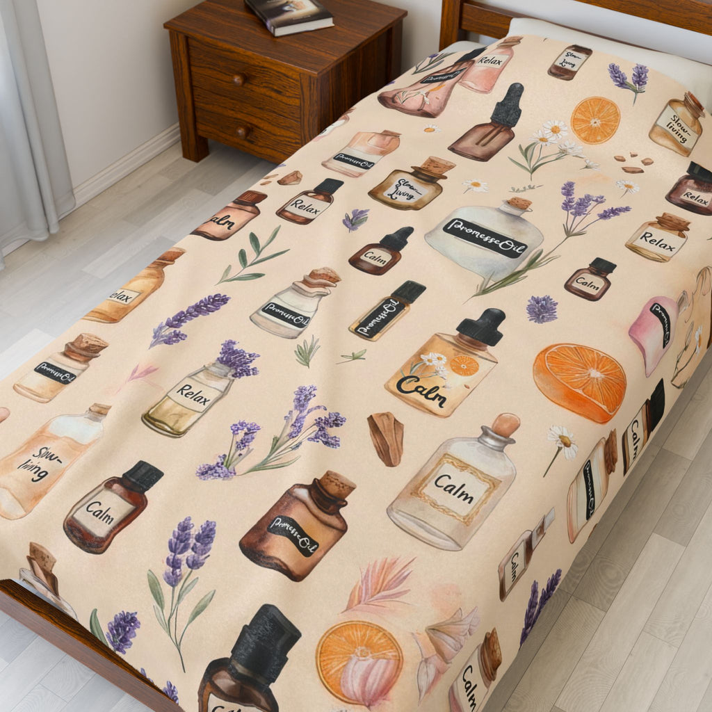 Aromatherapy Slow-Living Velveteen Plush Blanket — Cozy Spa Lavender, Herbal & Citrus Pattern