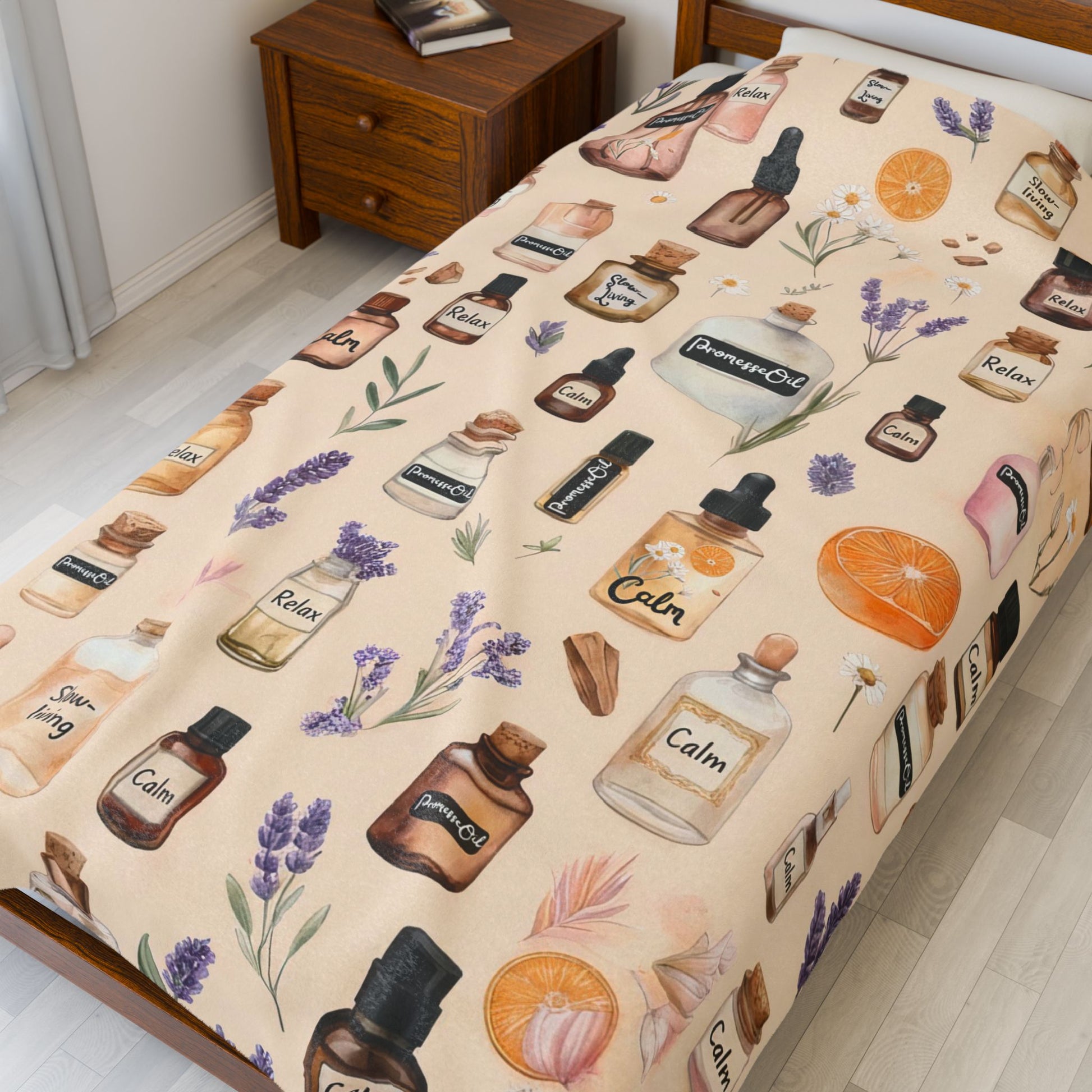 Aromatherapy Slow-Living Velveteen Plush Blanket — Cozy Spa Lavender, Herbal & Citrus Pattern