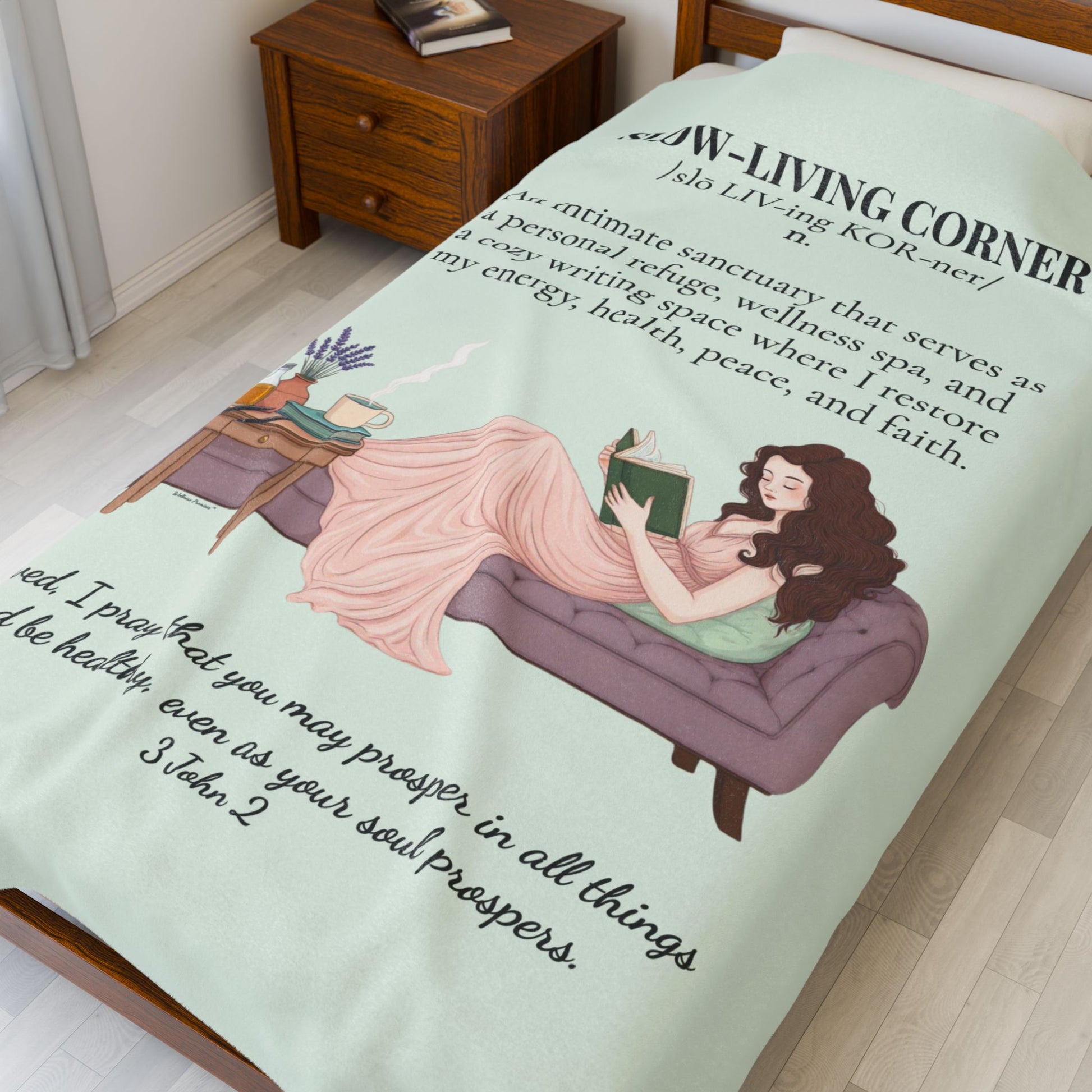 Slow-Living Corner Velveteen Plush Blanket — Cozy Reading Nook Throw with Bible Verse (Mint Green)