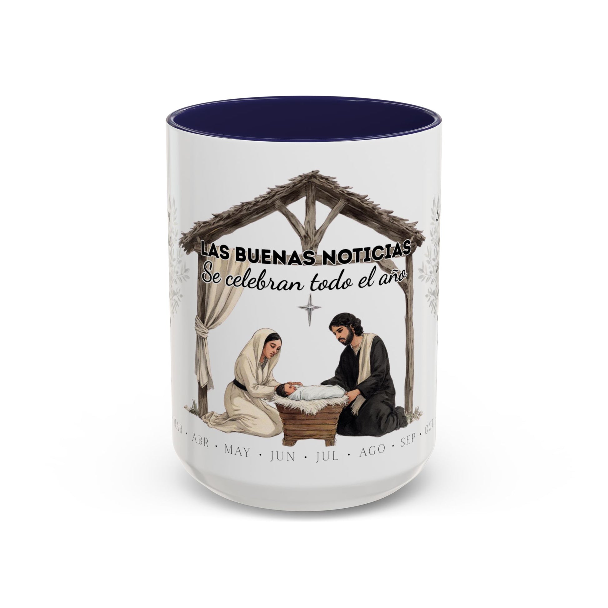 Year Round Nativity Coffee Mug — "Las Buenas Noticias se Celebran todo el Año" Watercolor Christian Christmas Mug